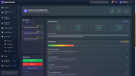Illustrative preview (sample data, not verified outcomes): Human-in-the-loop review gate showing optimization scenarios with cost, time, quality, and carbon impact analysis for approval or modification
