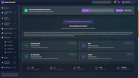 Illustrative preview (sample data, not verified outcomes): Manufacturing optimization results dashboard presenting comprehensive analysis including annual cost savings, quality scores, carbon footprint, and AI confidence metrics