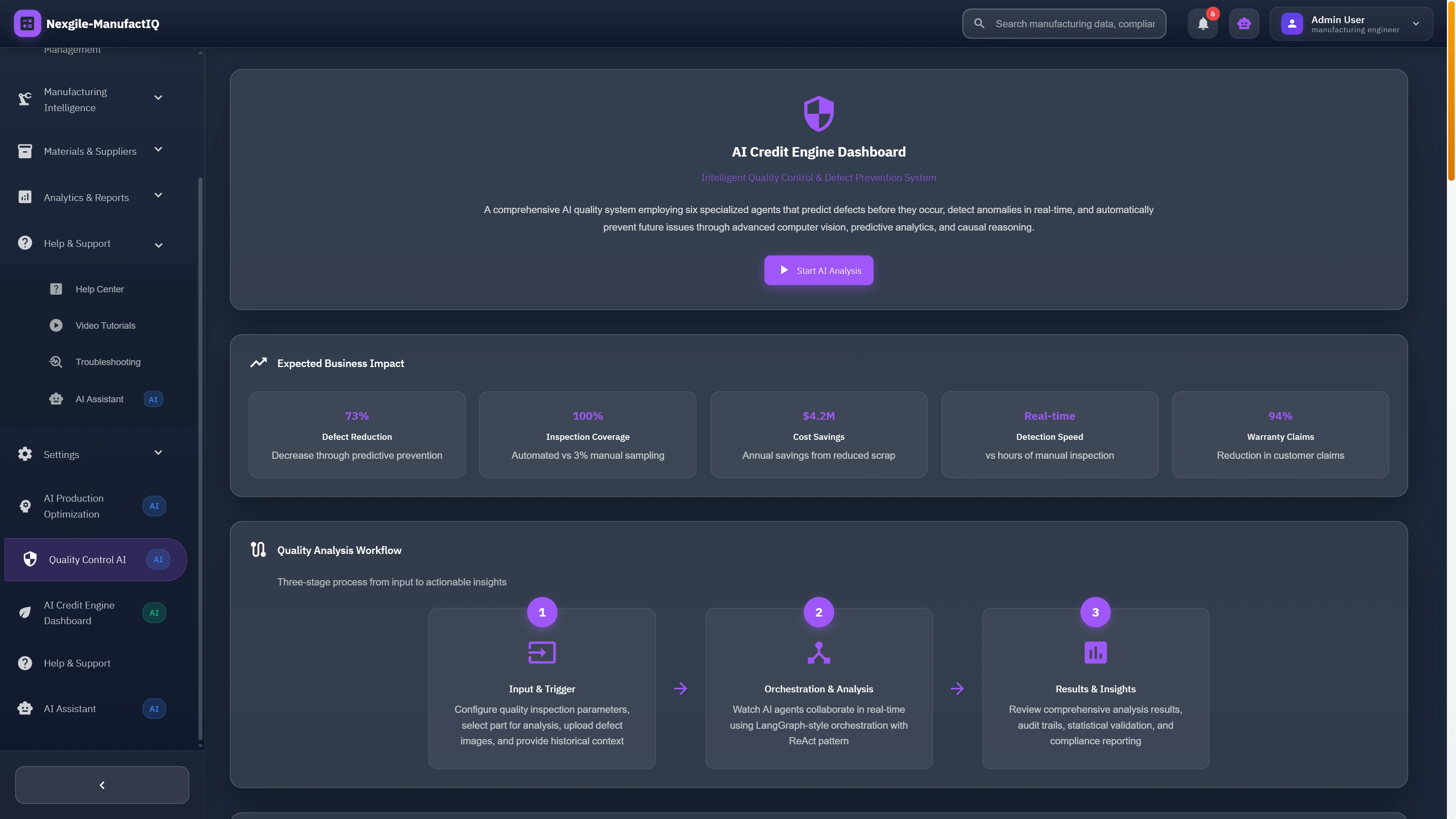 Illustrative preview (sample data, not verified outcomes): AI Credit Engine Dashboard overview showcasing intelligent quality control system with expected business impact metrics and three-stage quality analysis workflow