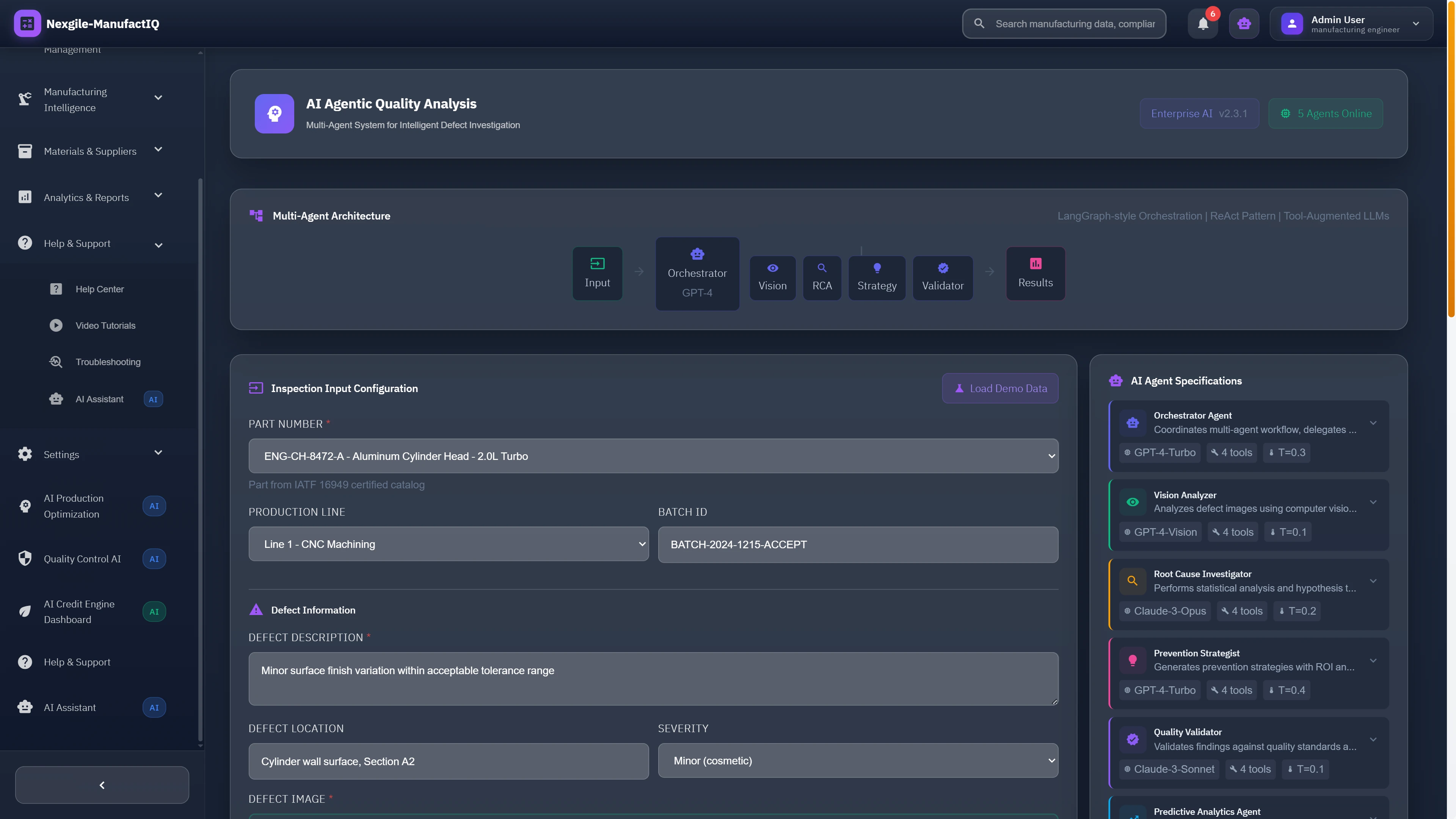 Illustrative preview (sample data, not verified outcomes): Quality analysis configuration page displaying multi-agent architecture with orchestrator, vision analyzer, root cause investigator, and validation agents using LangGraph pattern