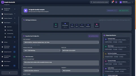 Illustrative preview (sample data, not verified outcomes): Quality analysis configuration page displaying multi-agent architecture with orchestrator, vision analyzer, root cause investigator, and validation agents using LangGraph pattern
