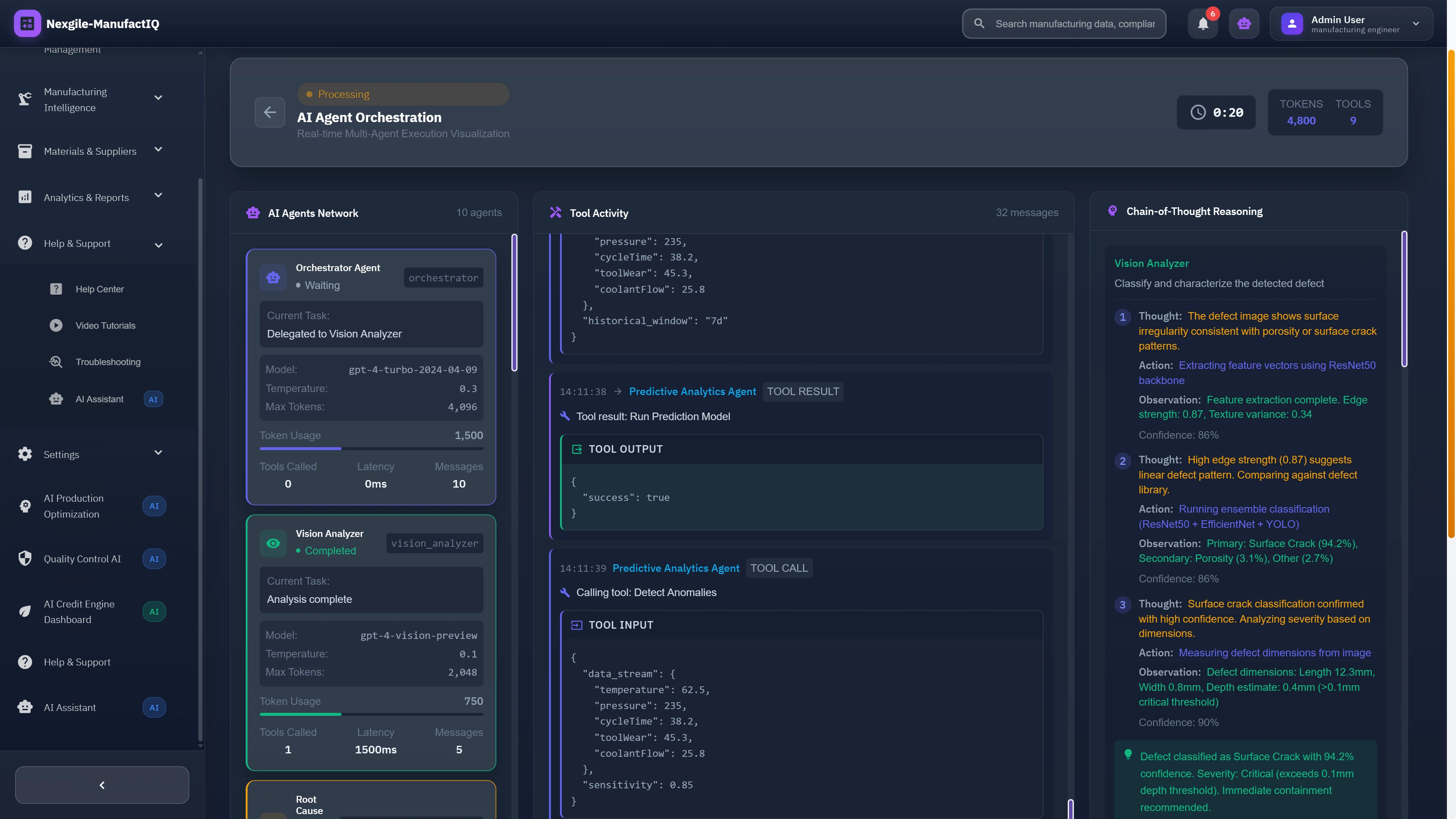 Illustrative preview (sample data, not verified outcomes): Real-time agent orchestration view showing AI agents collaborating with chain-of-thought reasoning, tool activity, and defect classification analysis in progress