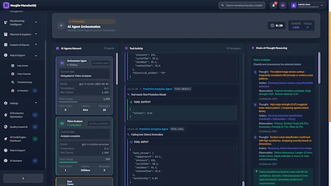Illustrative preview (sample data, not verified outcomes): Real-time agent orchestration view showing AI agents collaborating with chain-of-thought reasoning, tool activity, and defect classification analysis in progress