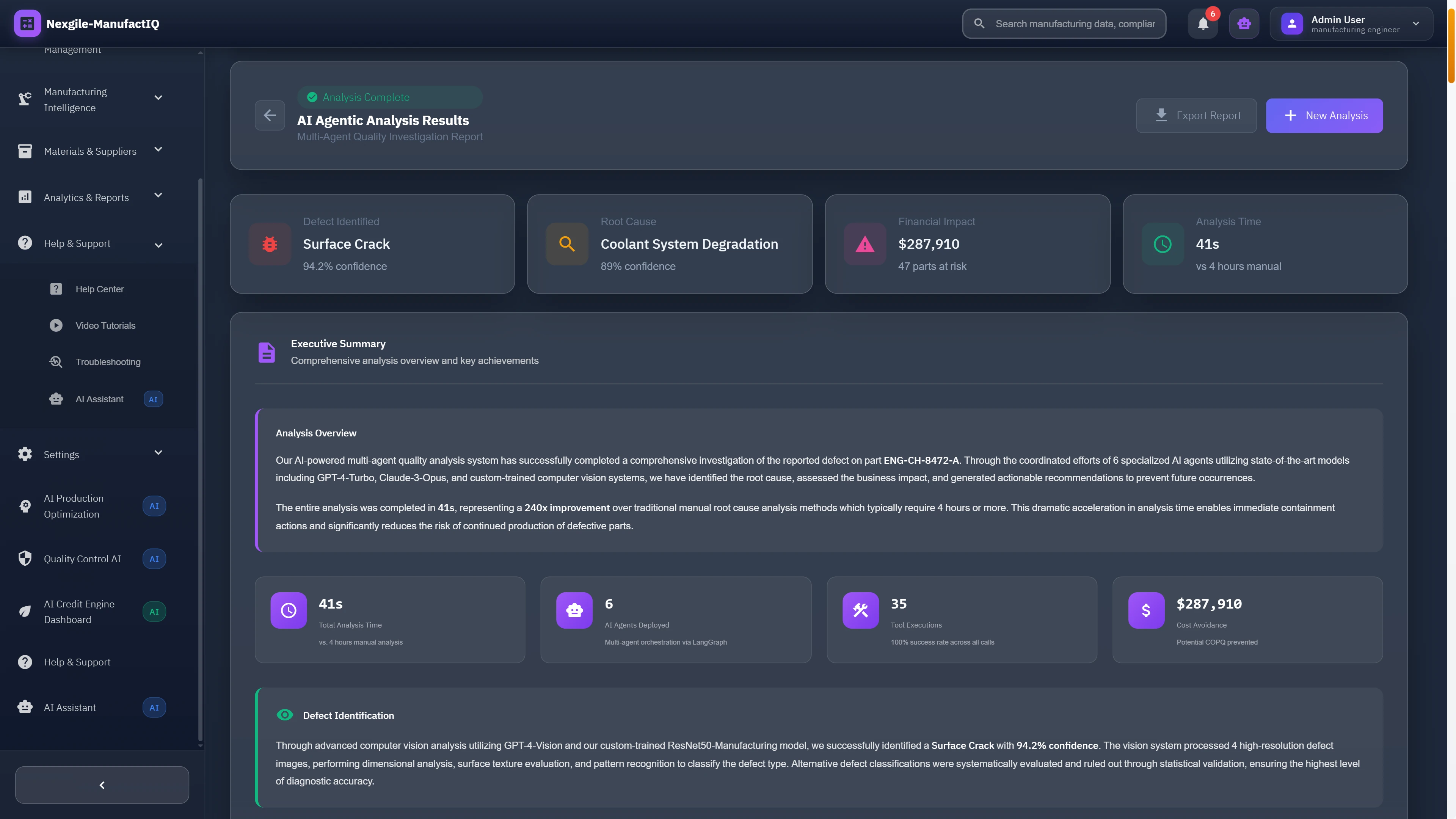Illustrative preview (sample data, not verified outcomes): Comprehensive analysis results presenting defect identification, root cause determination, financial impact assessment, and actionable recommendations with high confidence scores