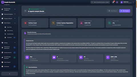 Illustrative preview (sample data, not verified outcomes): Comprehensive analysis results presenting defect identification, root cause determination, financial impact assessment, and actionable recommendations with high confidence scores