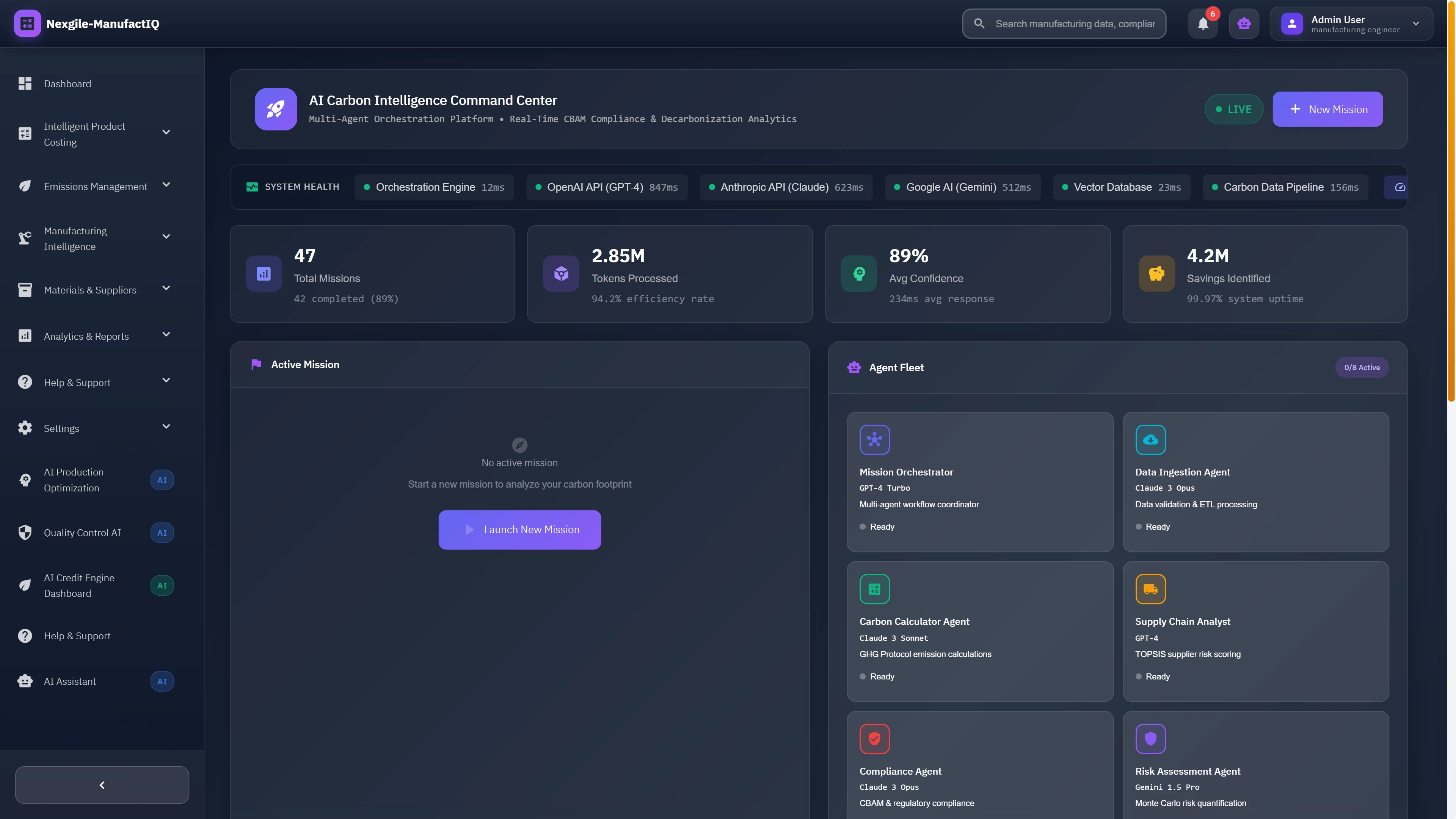 Illustrative preview (sample data, not verified outcomes): AI Carbon Intelligence Command Center displaying system health, mission statistics, agent fleet status, and real-time CBAM compliance tracking across multiple LLM APIs