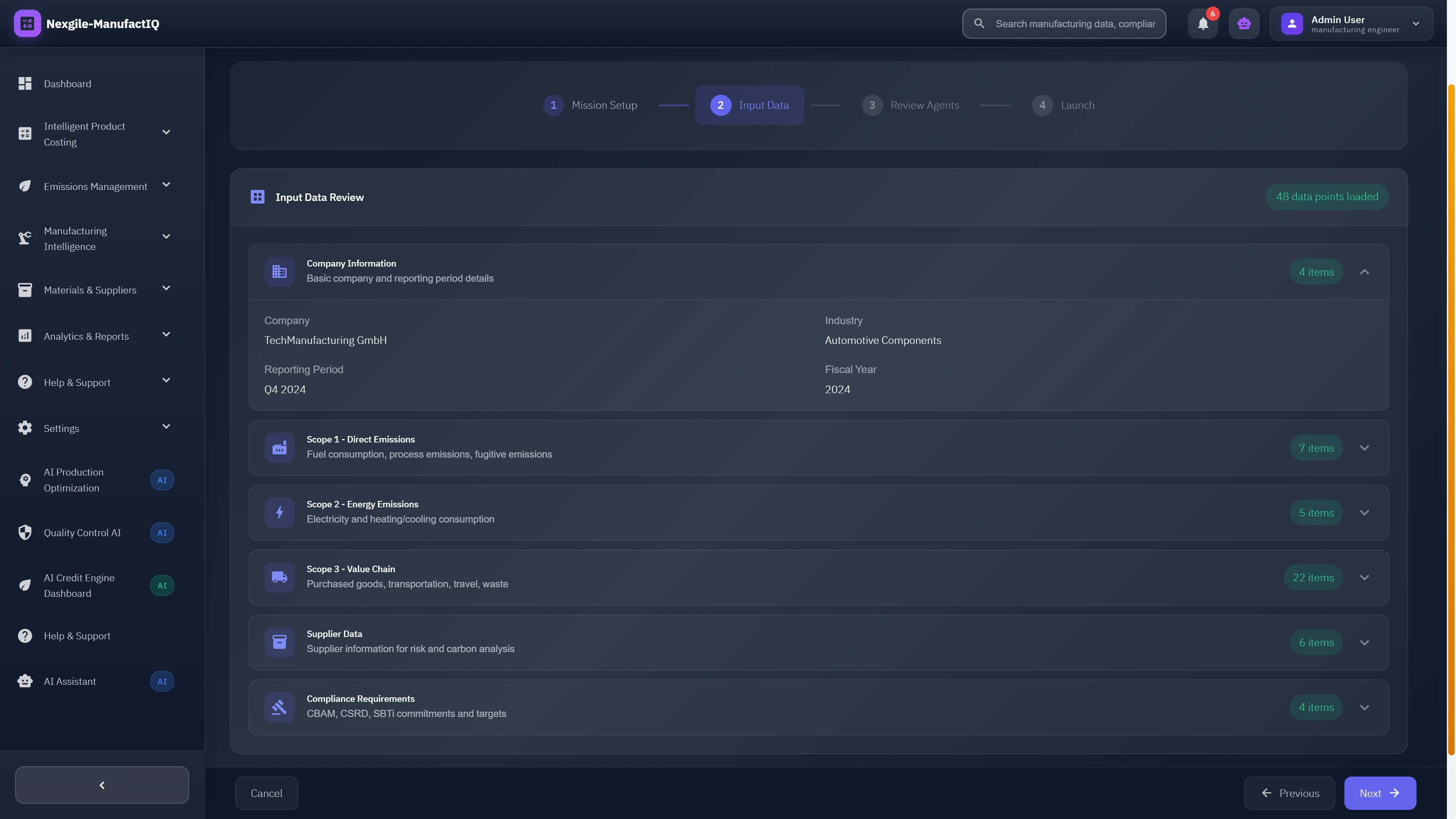 Illustrative preview (sample data, not verified outcomes): Mission input data review interface organizing company information, Scope 1/2/3 emissions data, supplier details, and compliance requirements for comprehensive carbon analysis