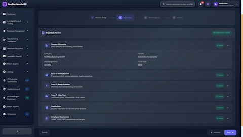 Illustrative preview (sample data, not verified outcomes): Mission input data review interface organizing company information, Scope 1/2/3 emissions data, supplier details, and compliance requirements for comprehensive carbon analysis