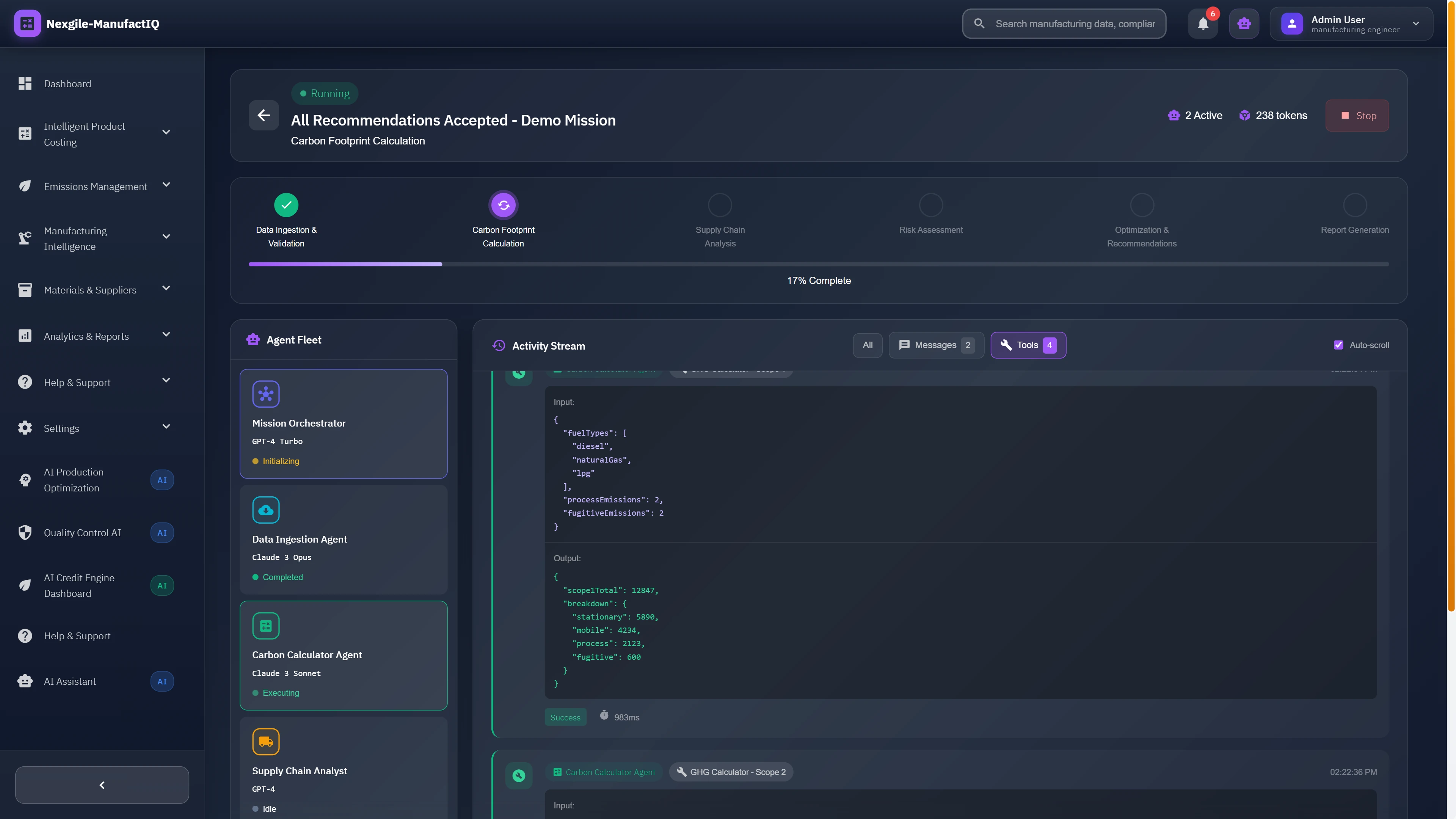 Illustrative preview (sample data, not verified outcomes): Live mission execution view showing coordinated agent fleet activity with data ingestion, carbon calculation, and supply chain analysis running in parallel with real-time output streams