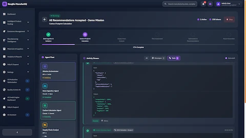 Illustrative preview (sample data, not verified outcomes): Live mission execution view showing coordinated agent fleet activity with data ingestion, carbon calculation, and supply chain analysis running in parallel with real-time output streams