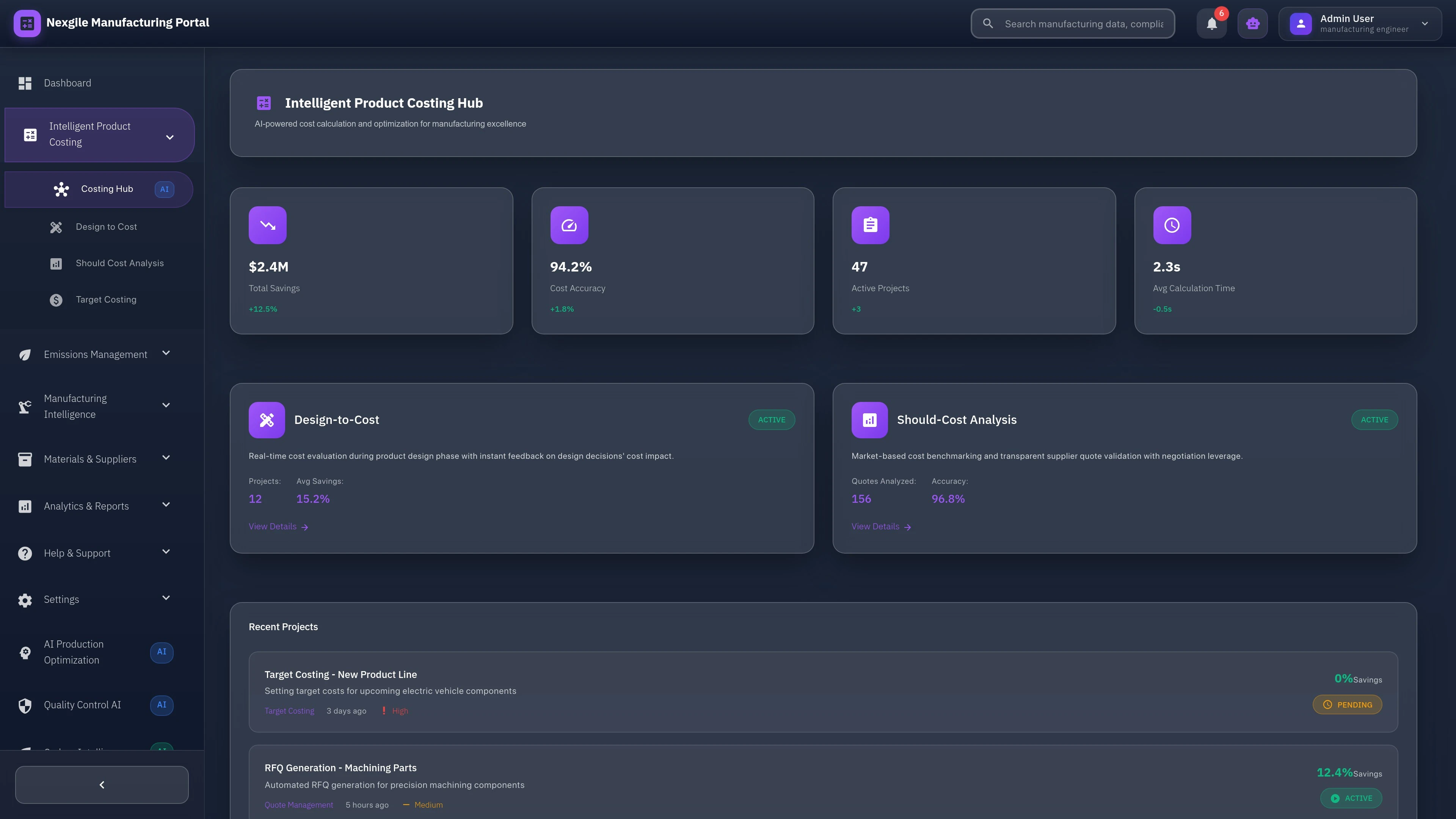 Illustrative preview (sample data, not verified outcomes): Costing Dashboard of the Nexgile-ManufactIQ Forge portal