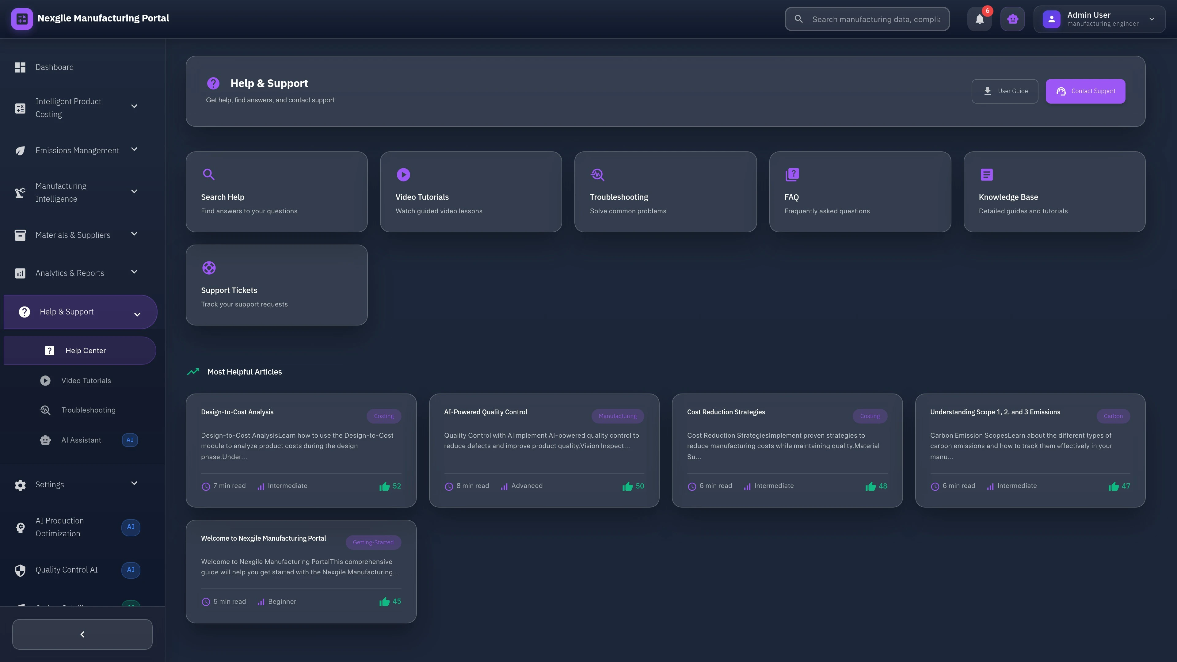 Illustrative preview (sample data, not verified outcomes): Help page of the Nexgile-ManufactIQ Forge portal