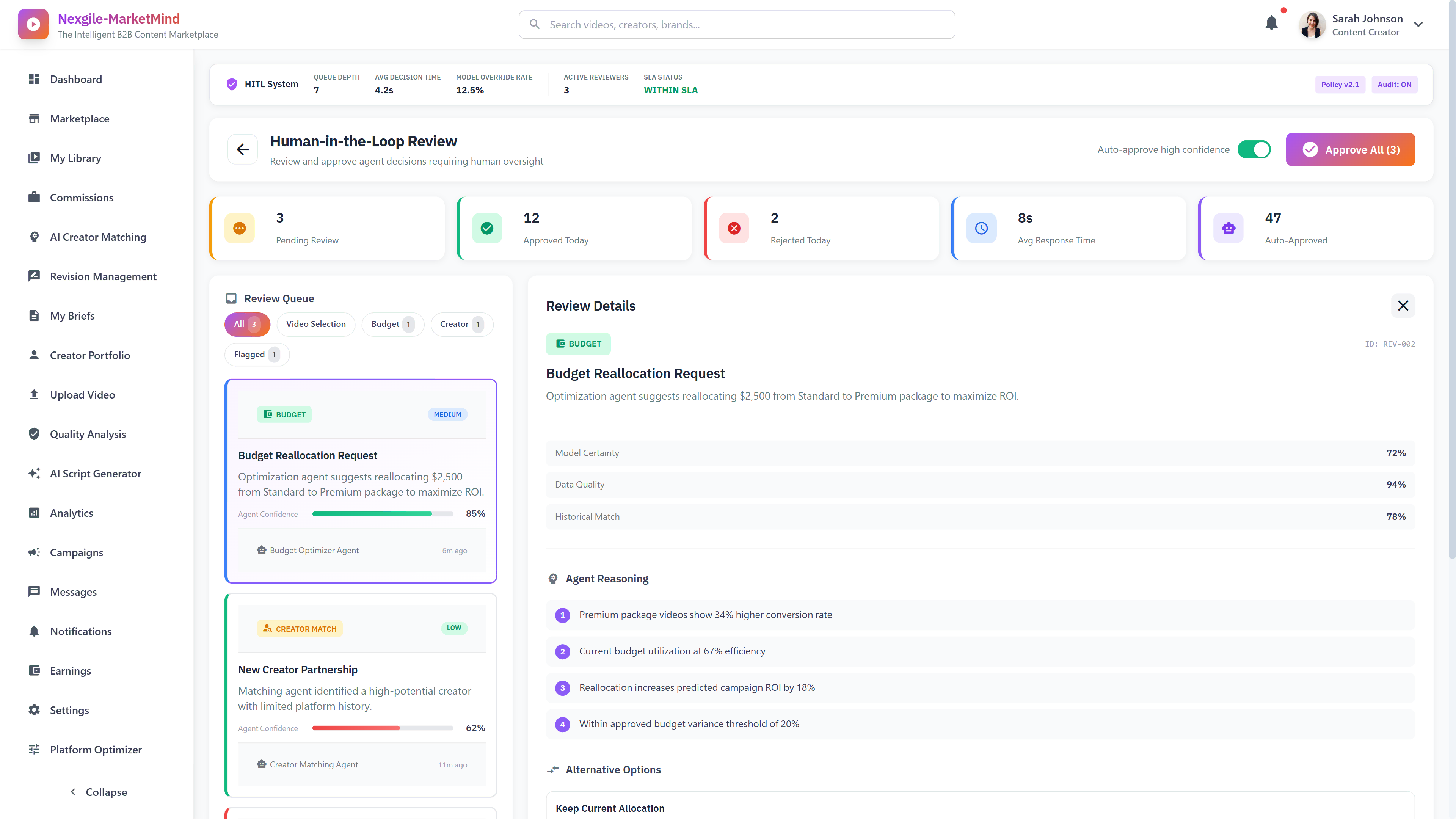 Illustrative preview (sample data, not verified outcomes): Human-in-the-Loop Review - Interface for reviewing and approving agent decisions with confidence scores and explainable AI reasoning