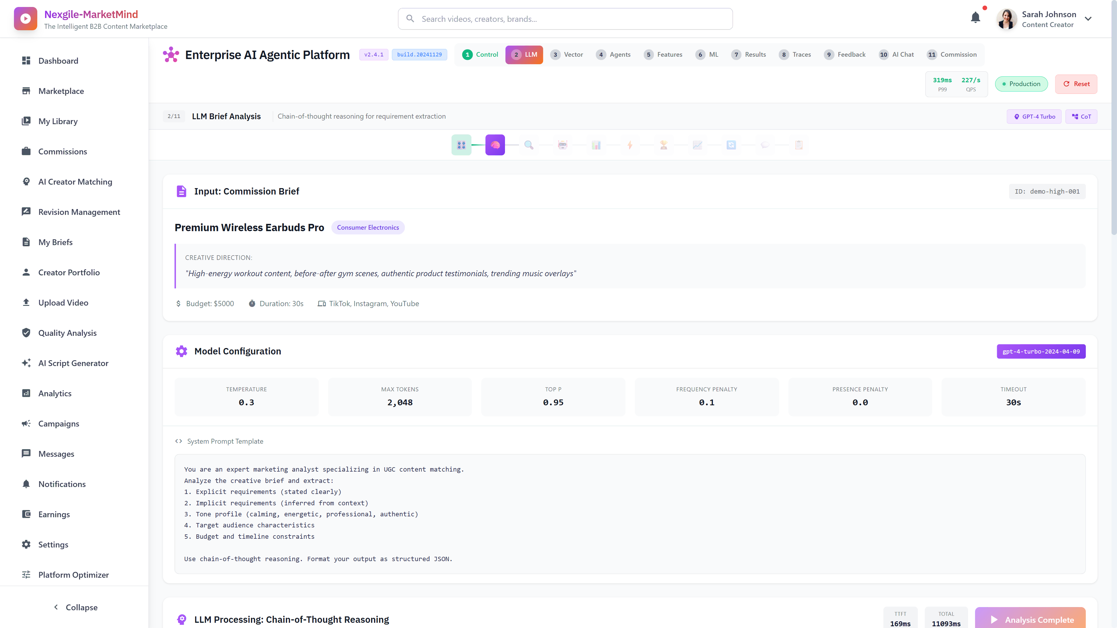 Illustrative preview (sample data, not verified outcomes): LLM Brief Analysis - Chain-of-thought reasoning interface for extracting explicit and implicit requirements from brand commission briefs