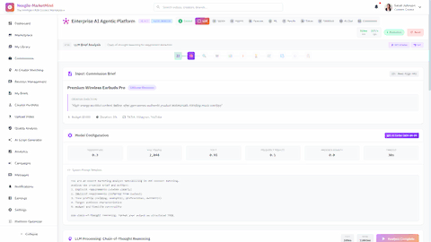 Illustrative preview (sample data, not verified outcomes): LLM Brief Analysis - Chain-of-thought reasoning interface for extracting explicit and implicit requirements from brand commission briefs