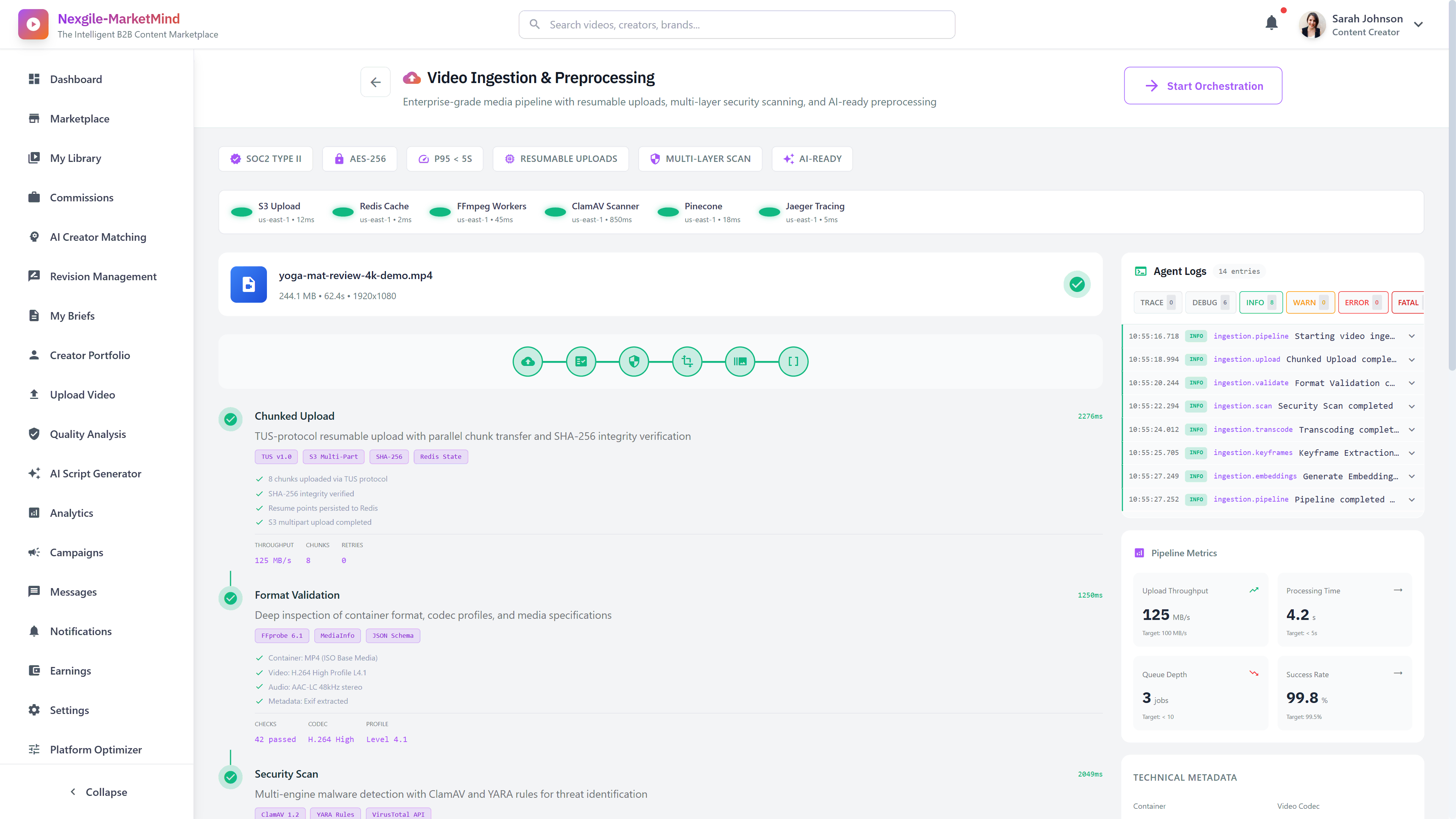 Illustrative preview (sample data, not verified outcomes): Video Ingestion & Preprocessing - Enterprise-grade media pipeline with resumable uploads, multi-layer security scanning, and AI-ready preprocessing