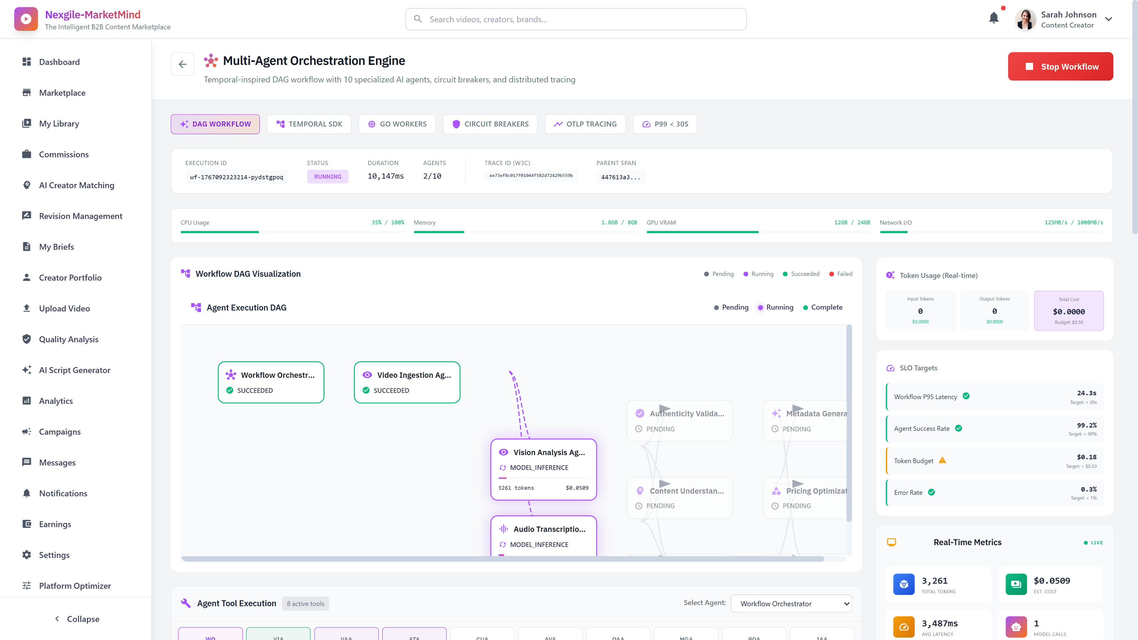 Illustrative preview (sample data, not verified outcomes): Multi-Agent Orchestration Engine - Temporal-inspired DAG workflow with 10 specialized AI agents, circuit breakers, and distributed tracing