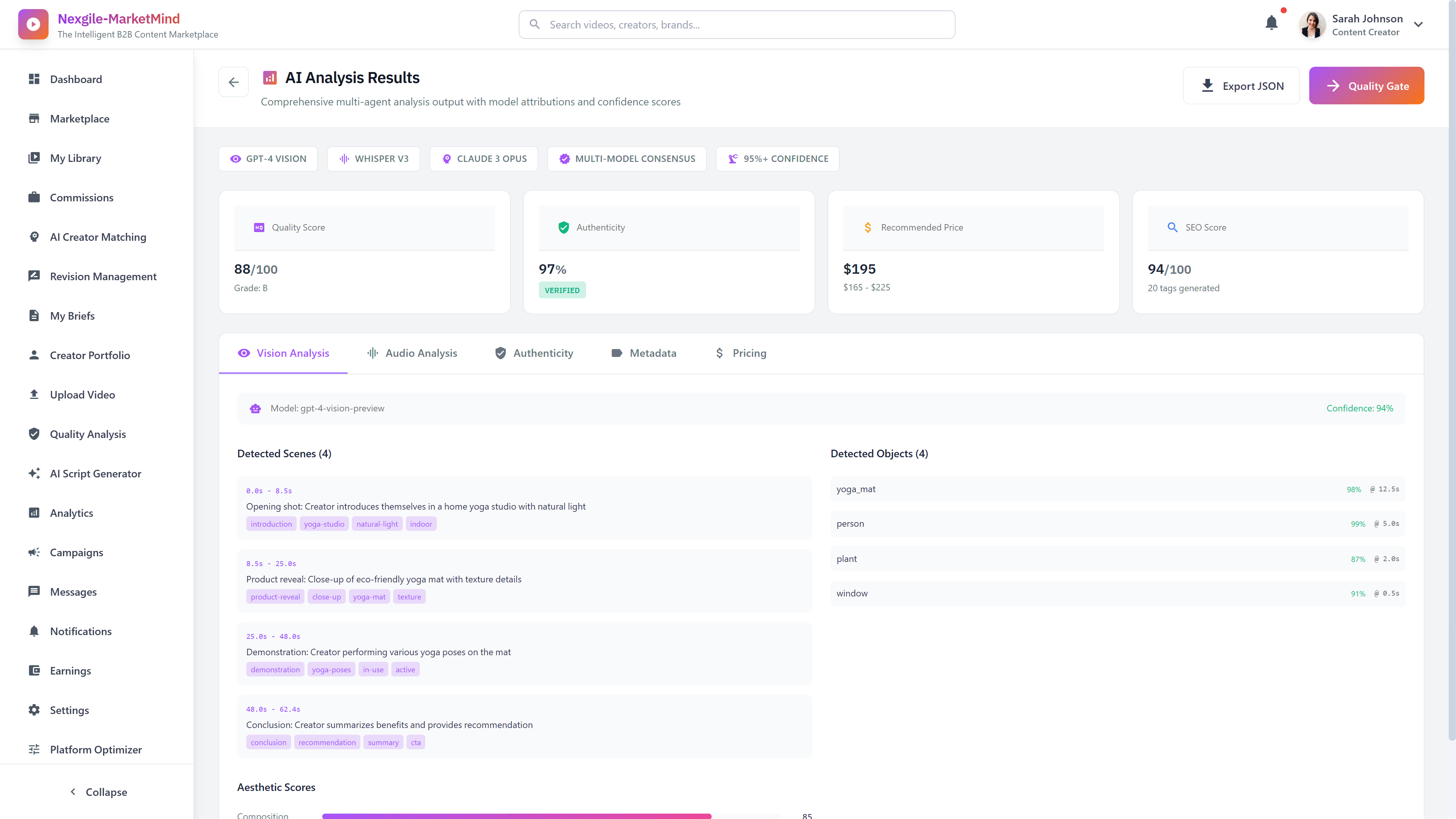 Illustrative preview (sample data, not verified outcomes): AI Analysis Results - Comprehensive multi-agent analysis output with GPT-4 Vision, Whisper V3, Claude 3 Opus consensus and detailed quality scoring