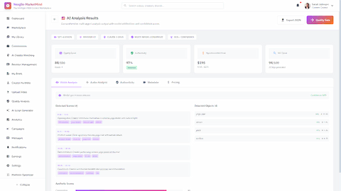 Illustrative preview (sample data, not verified outcomes): AI Analysis Results - Comprehensive multi-agent analysis output with GPT-4 Vision, Whisper V3, Claude 3 Opus consensus and detailed quality scoring