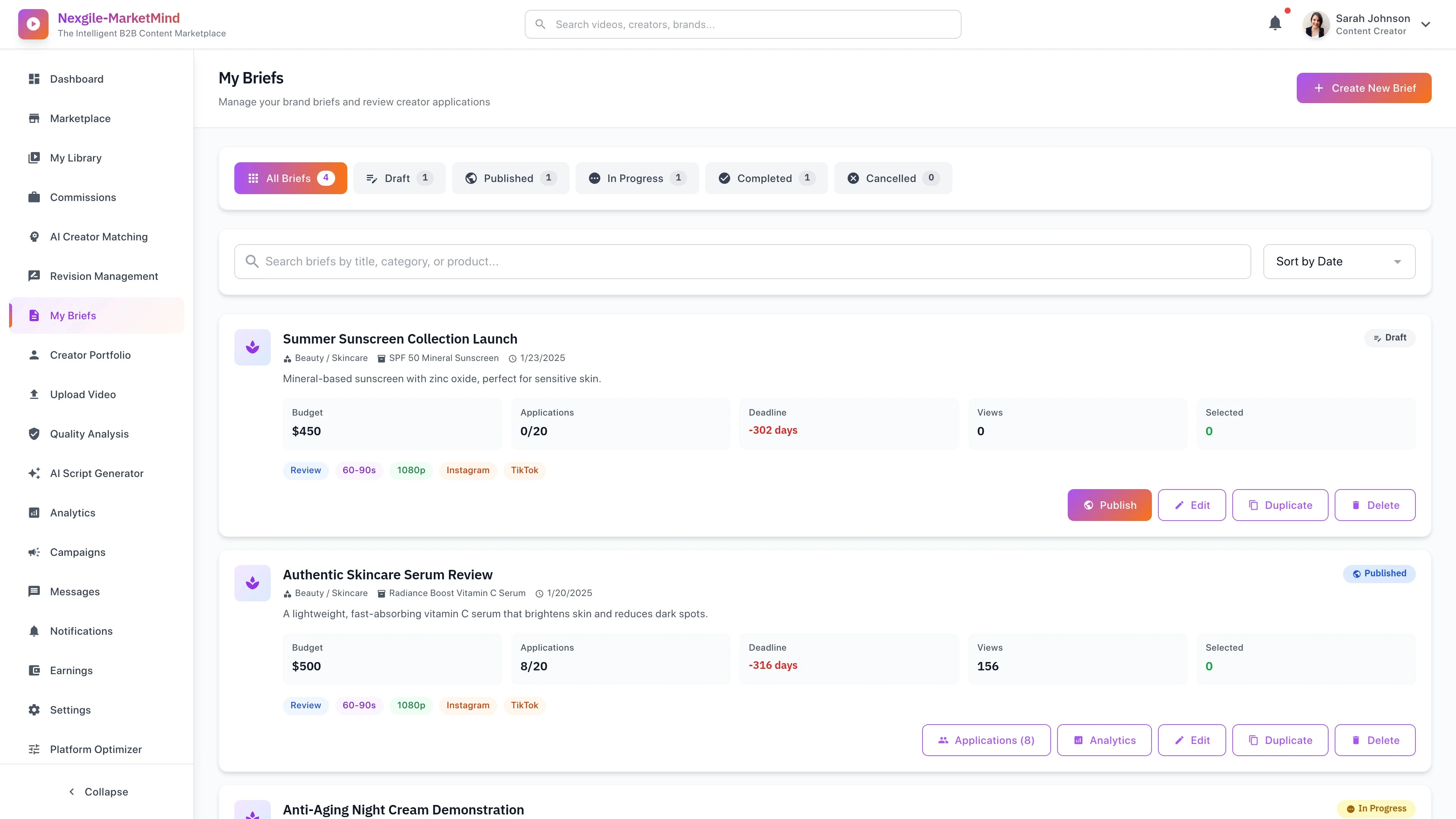 Illustrative preview (sample data, not verified outcomes): My Briefs - Campaign brief management dashboard
