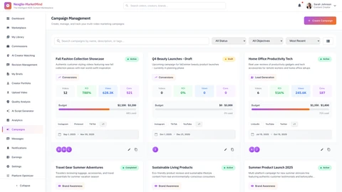 Illustrative preview (sample data, not verified outcomes): Campaigns - Campaign management and monitoring dashboard