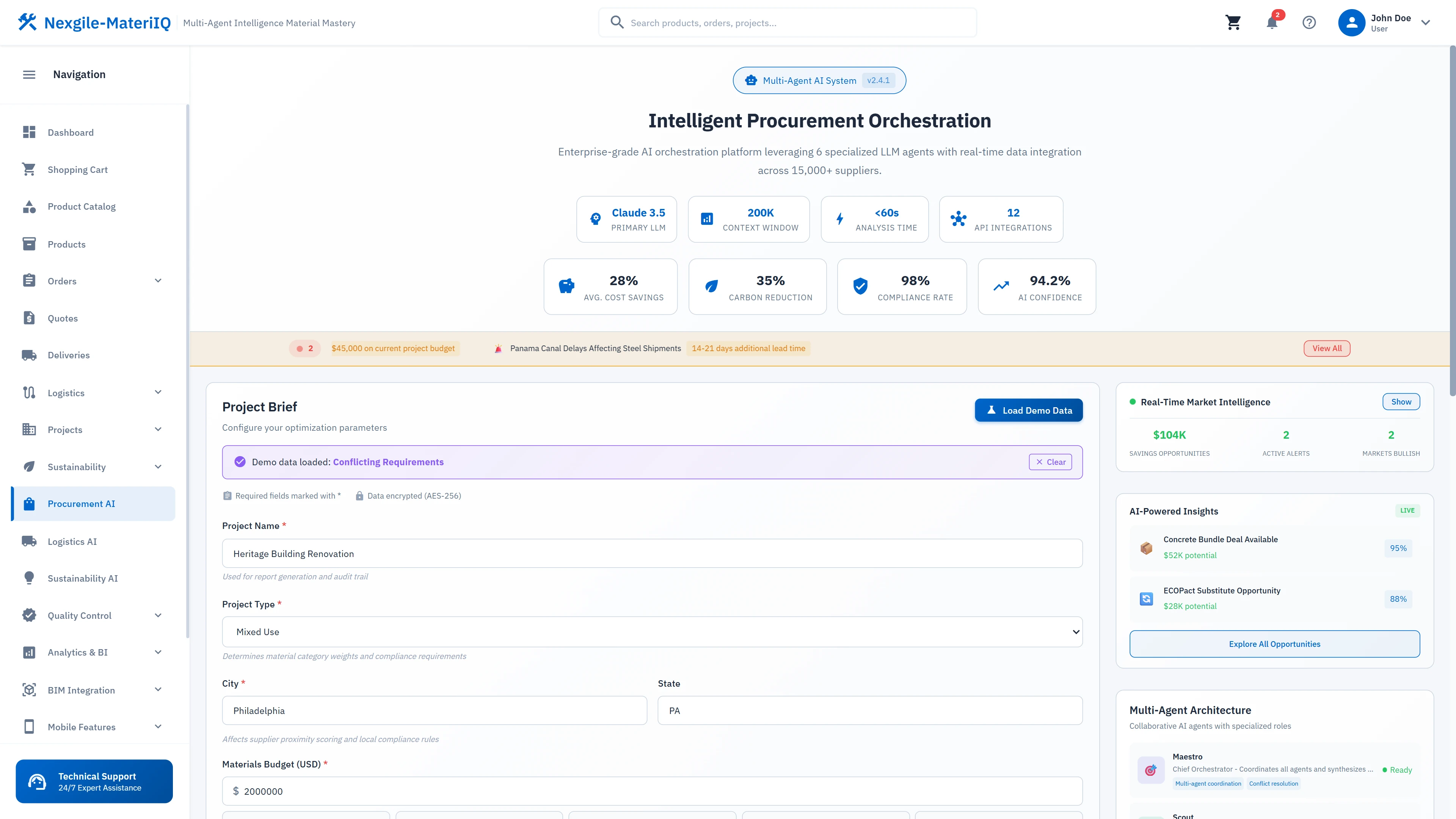 Illustrative preview (sample data, not verified outcomes): Project briefing with sustainability targets, budget constraints, and multi-agent insights for procurement decision-making