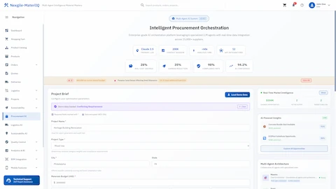Illustrative preview (sample data, not verified outcomes): Project briefing with sustainability targets, budget constraints, and multi-agent insights for procurement decision-making