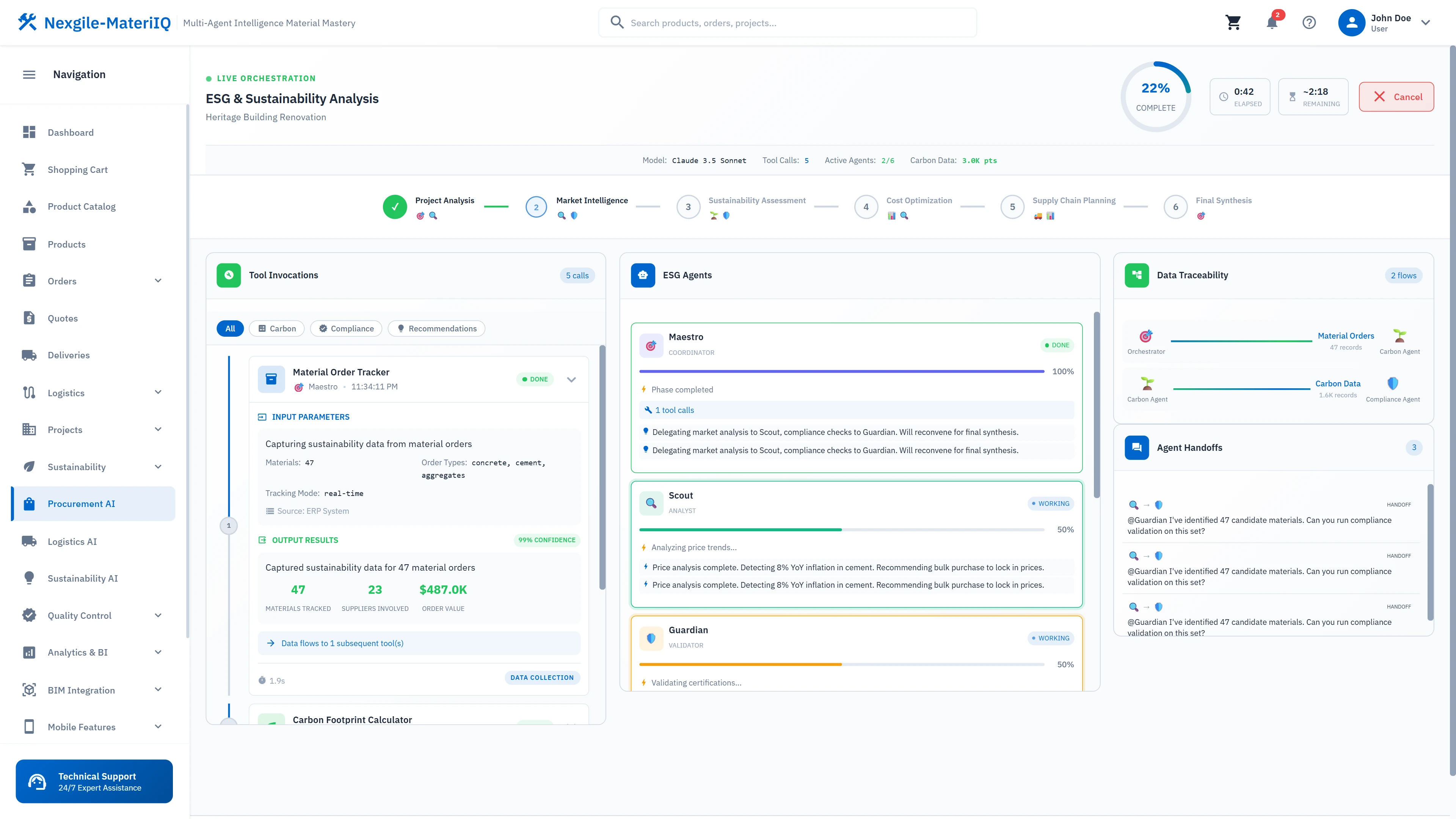 Illustrative preview (sample data, not verified outcomes): ESG and sustainability analysis dashboard showing carbon footprint metrics, certifications, and agent recommendations