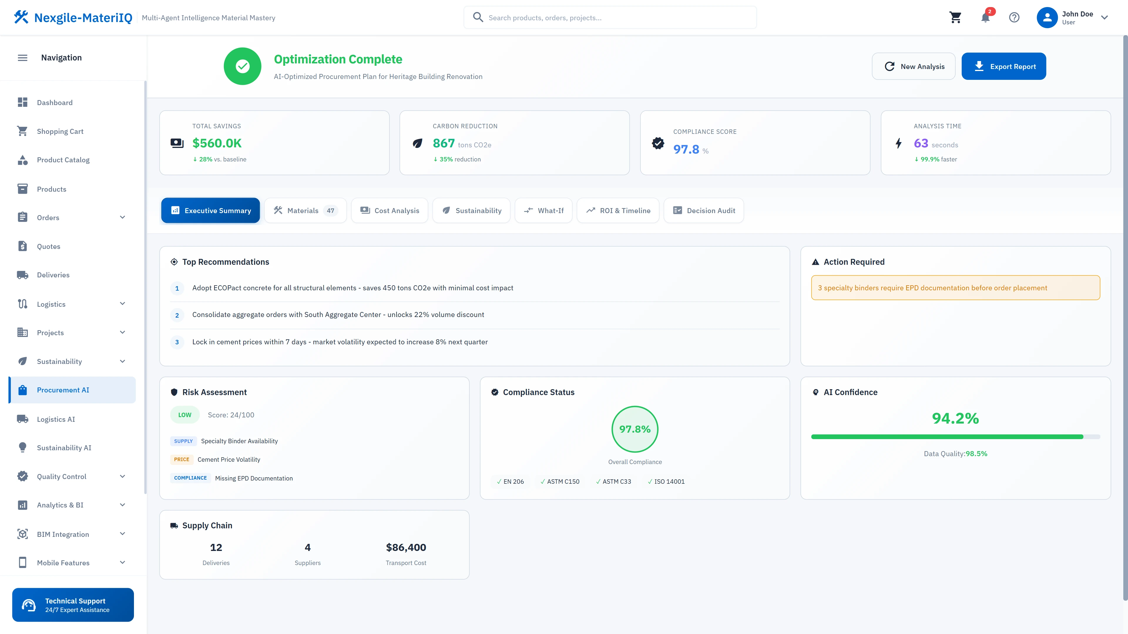 Illustrative preview (sample data, not verified outcomes): AI-generated procurement recommendations with cost savings, compliance scores, and transparent decision rationale