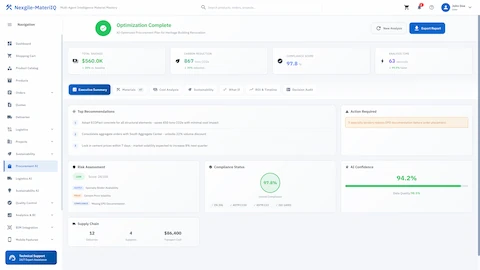 Illustrative preview (sample data, not verified outcomes): AI-generated procurement recommendations with cost savings, compliance scores, and transparent decision rationale