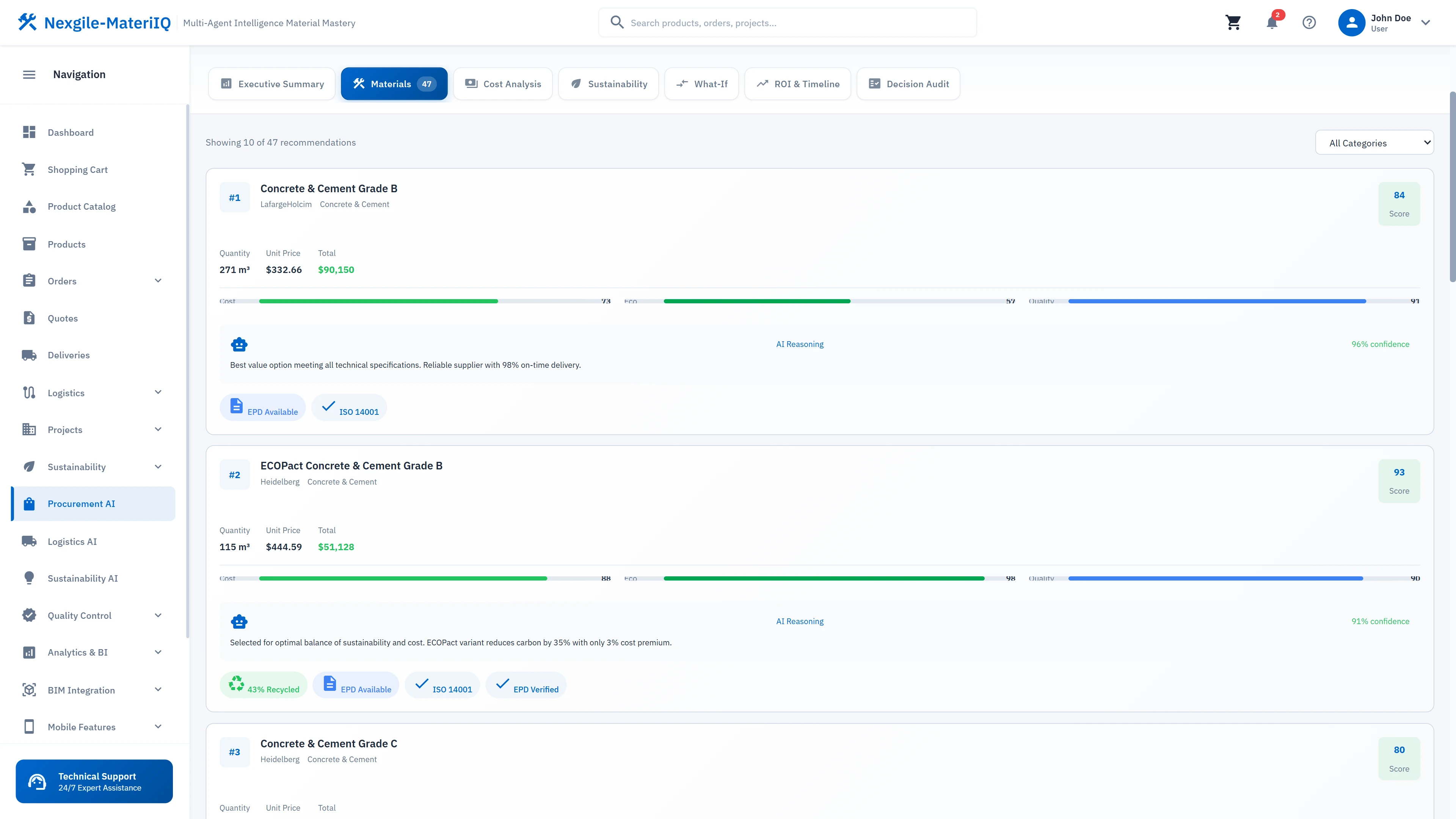 Illustrative preview (sample data, not verified outcomes): Material recommendations catalog displaying sustainable concrete options with scoring, pricing, and certification badges