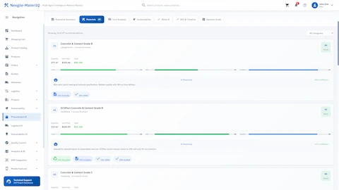 Illustrative preview (sample data, not verified outcomes): Material recommendations catalog displaying sustainable concrete options with scoring, pricing, and certification badges