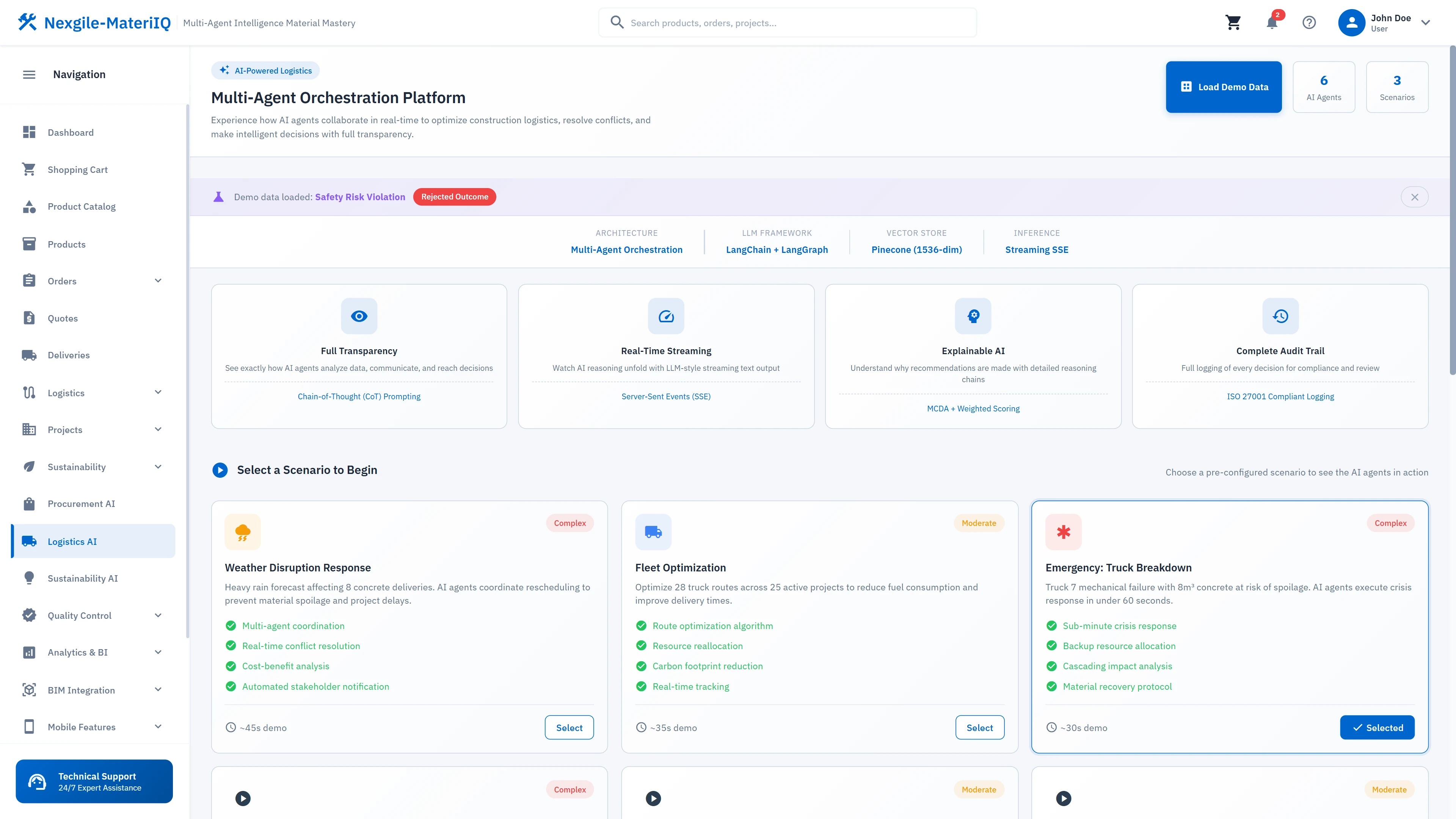 Illustrative preview (sample data, not verified outcomes): Scenario selection interface presenting weather disruption, fleet optimization, and emergency response options