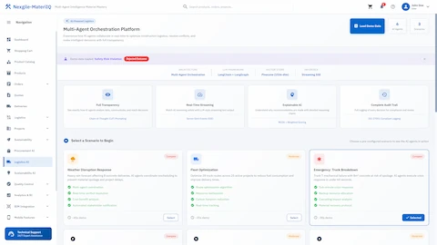 Illustrative preview (sample data, not verified outcomes): Scenario selection interface presenting weather disruption, fleet optimization, and emergency response options