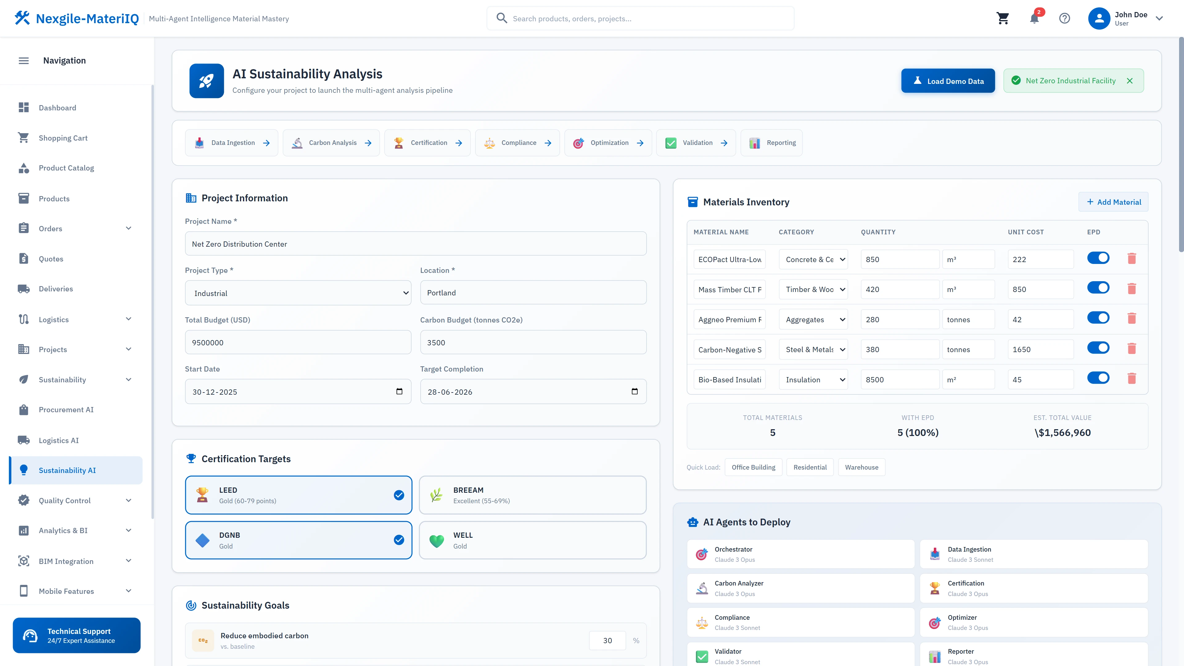 Illustrative preview (sample data, not verified outcomes): Project configuration dashboard with sustainability goals, material inventory, certification targets, and agent deployment options