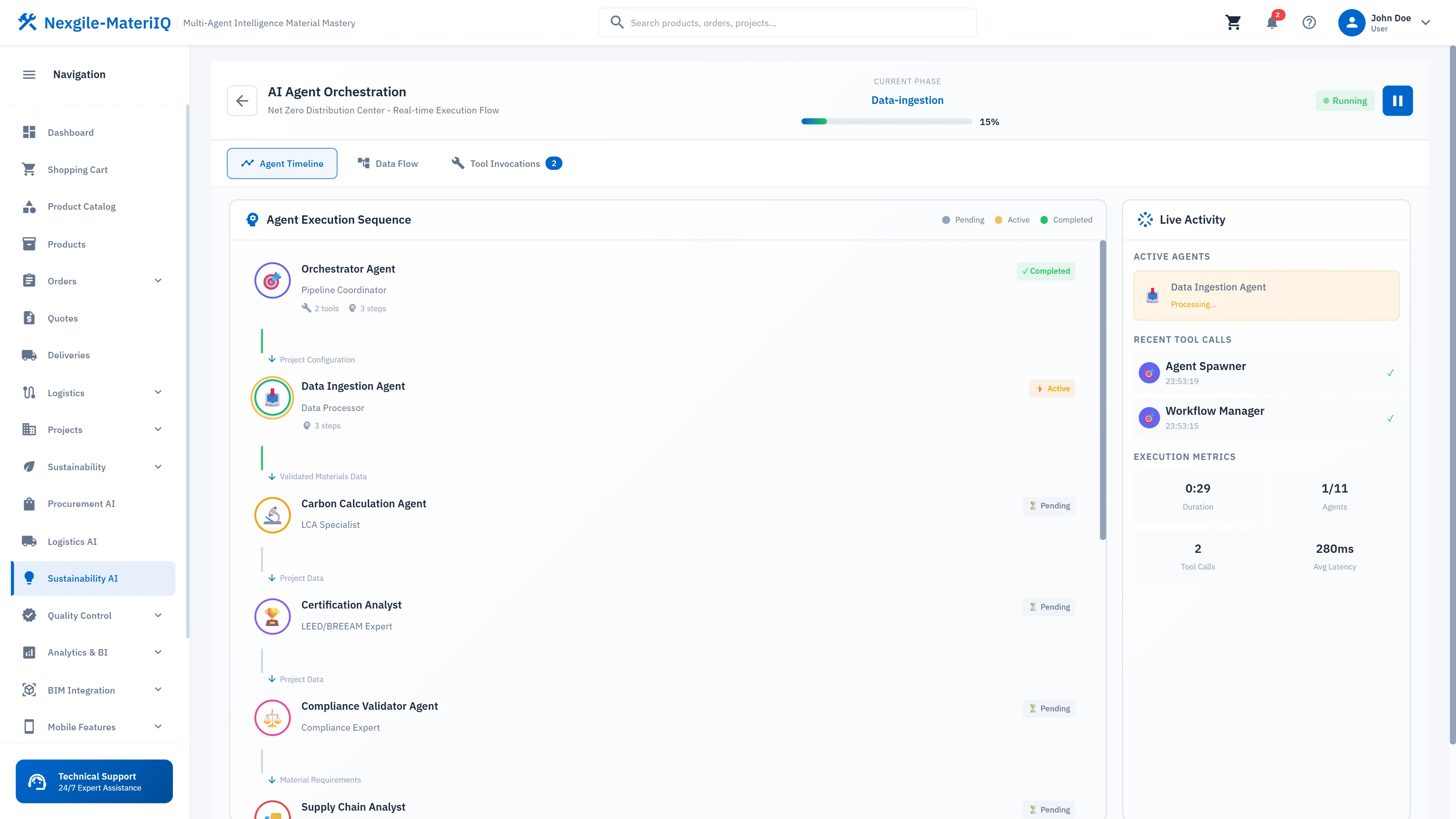 Illustrative preview (sample data, not verified outcomes): DAG-based agent execution flow showing orchestrator coordination, tool invocations, and real-time processing status