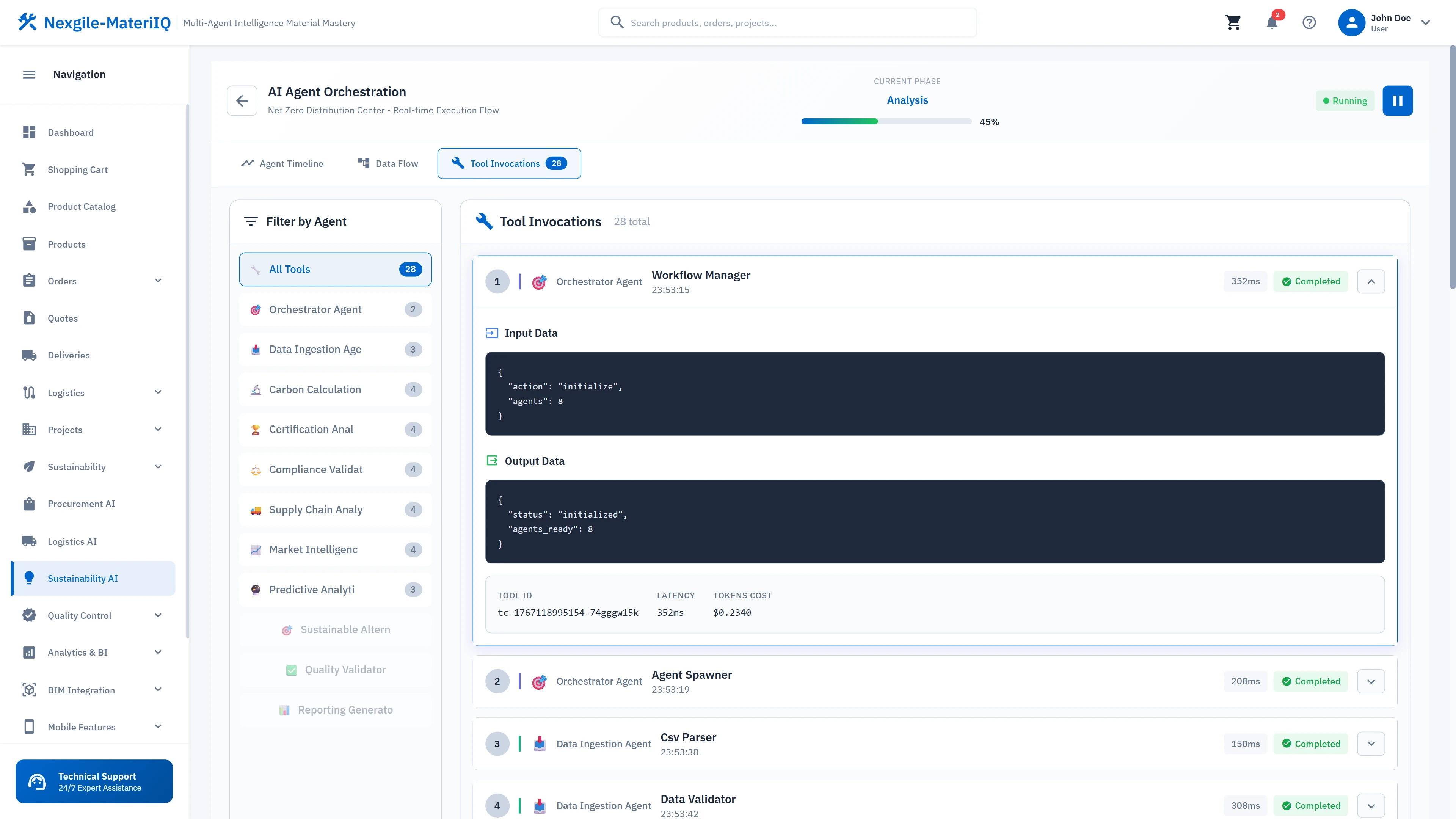 Illustrative preview (sample data, not verified outcomes): Tool invocation tracking with input/output data, execution metrics, and agent workflow transparency