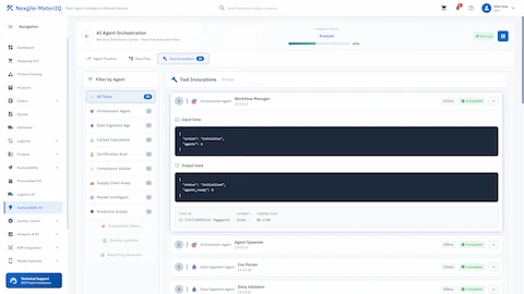 Illustrative preview (sample data, not verified outcomes): Tool invocation tracking with input/output data, execution metrics, and agent workflow transparency