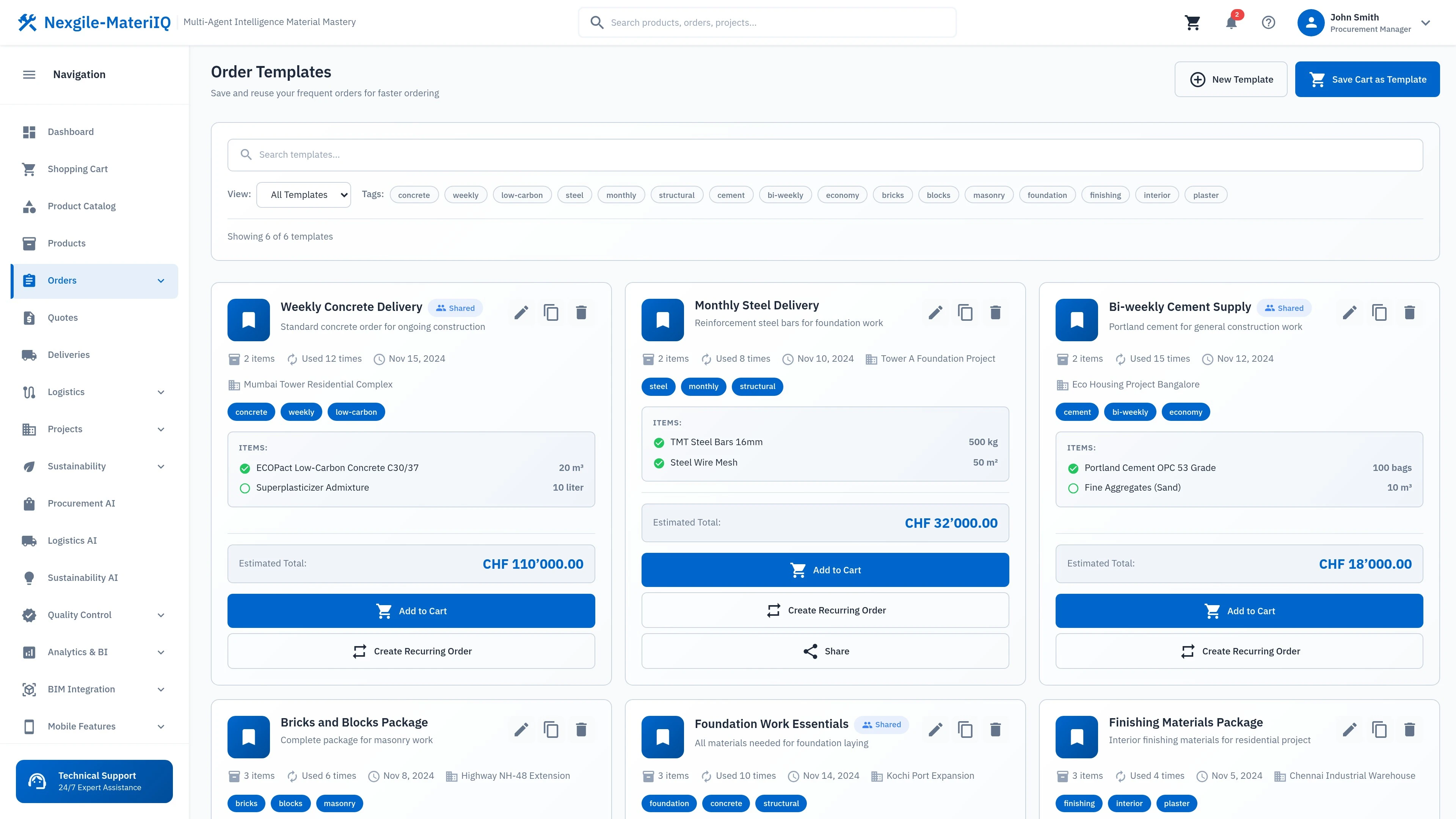 Illustrative preview (sample data, not verified outcomes): Order Templates - Reusable order templates for streamlined material procurement