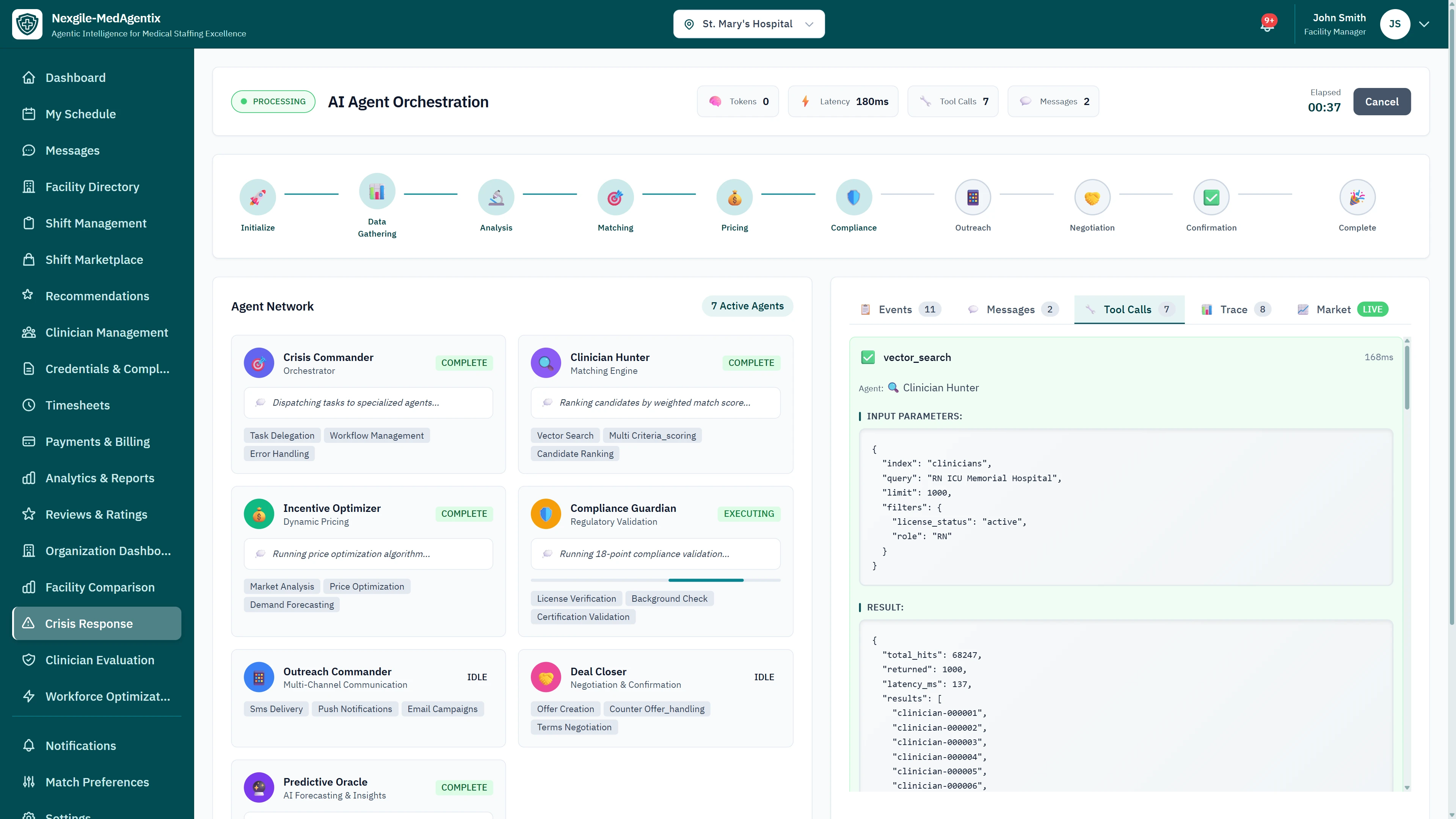 Illustrative preview (sample data, not verified outcomes): AI Agent Orchestration - Seven specialized agents (Crisis Commander, Clinician Hunter, Incentive Optimizer, Compliance Guardian, Outreach Commander, Deal Closer, Predictive Oracle) working in parallel with real-time tool execution