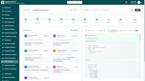 Illustrative preview (sample data, not verified outcomes): AI Agent Orchestration - Seven specialized agents (Crisis Commander, Clinician Hunter, Incentive Optimizer, Compliance Guardian, Outreach Commander, Deal Closer, Predictive Oracle) working in parallel with real-time tool execution