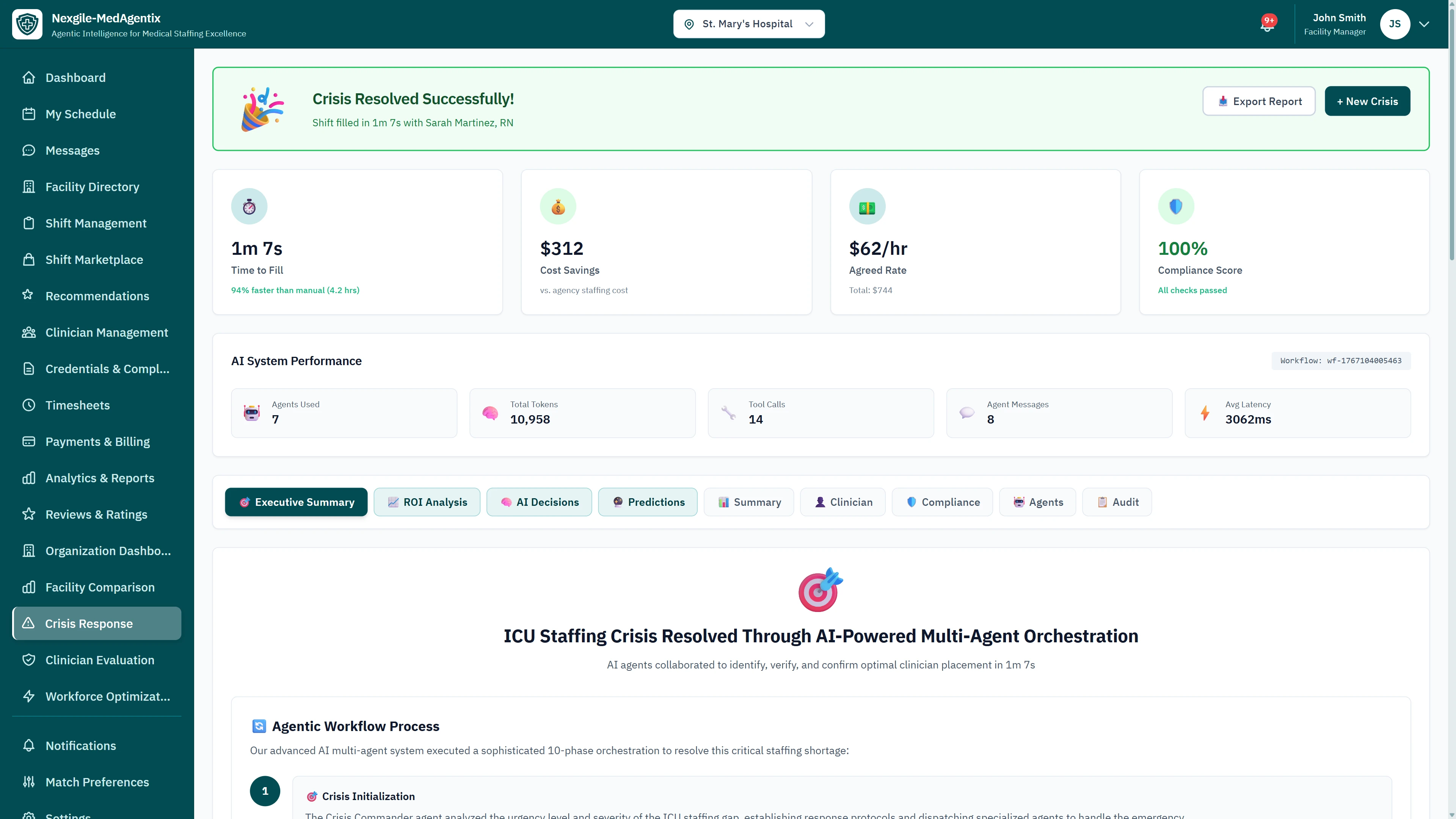 Illustrative preview (sample data, not verified outcomes): Crisis Resolved Successfully - Resolution metrics showing 1m 7s completion time, $312 cost savings, $62/hr agent rate, 100% compliance score, and agentic workflow process overview
