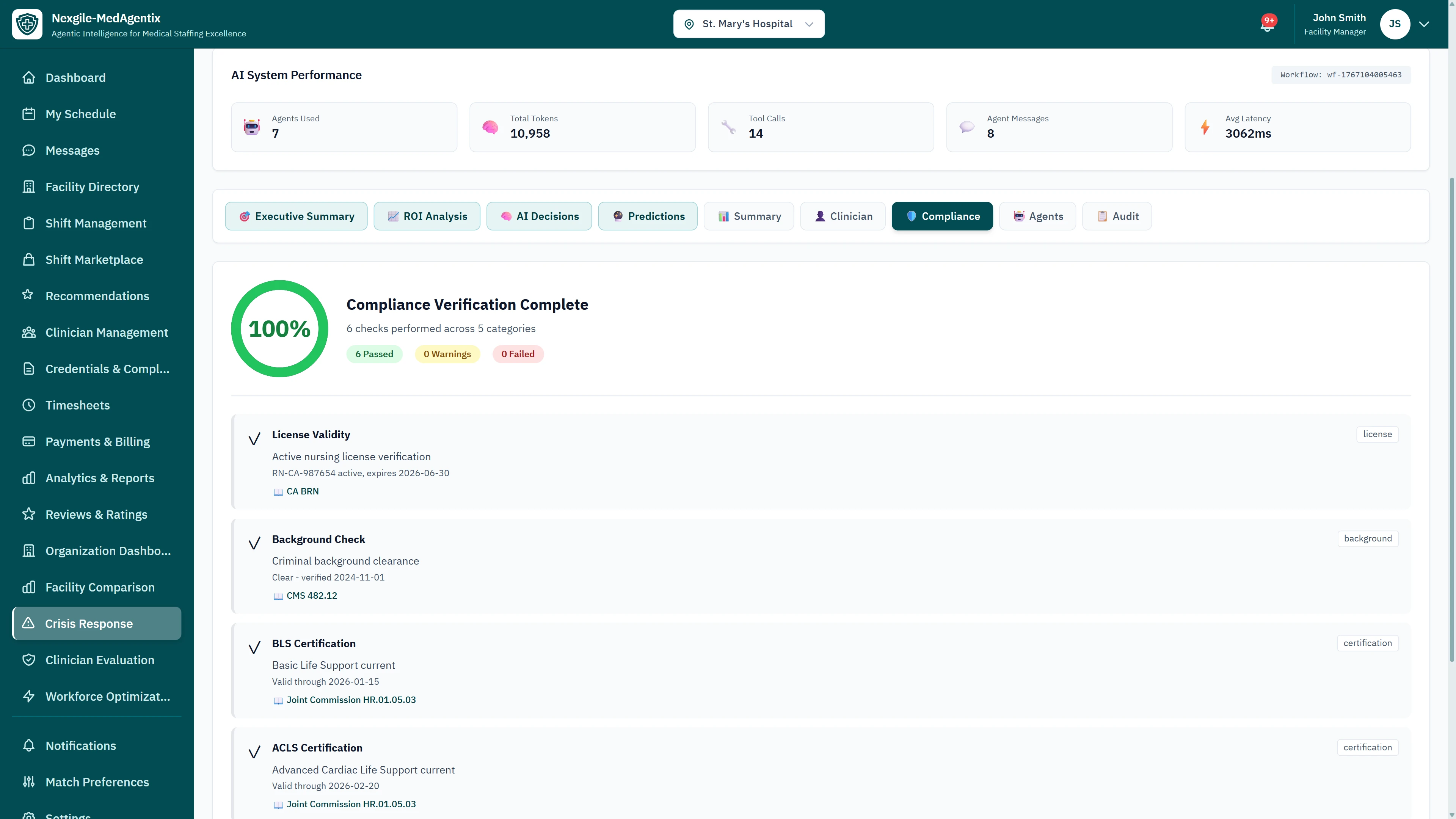 Illustrative preview (sample data, not verified outcomes): Compliance Verification Complete - 100% compliance score with 6 passed checks including license validity, background check clearance, and BLS/ACLS certifications with regulatory citations