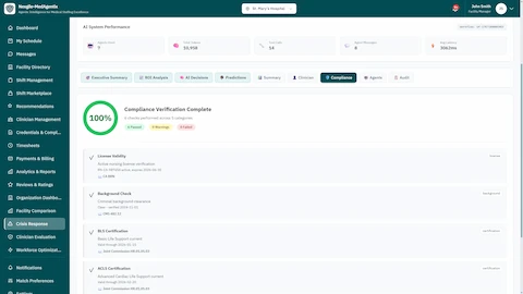 Illustrative preview (sample data, not verified outcomes): Compliance Verification Complete - 100% compliance score with 6 passed checks including license validity, background check clearance, and BLS/ACLS certifications with regulatory citations