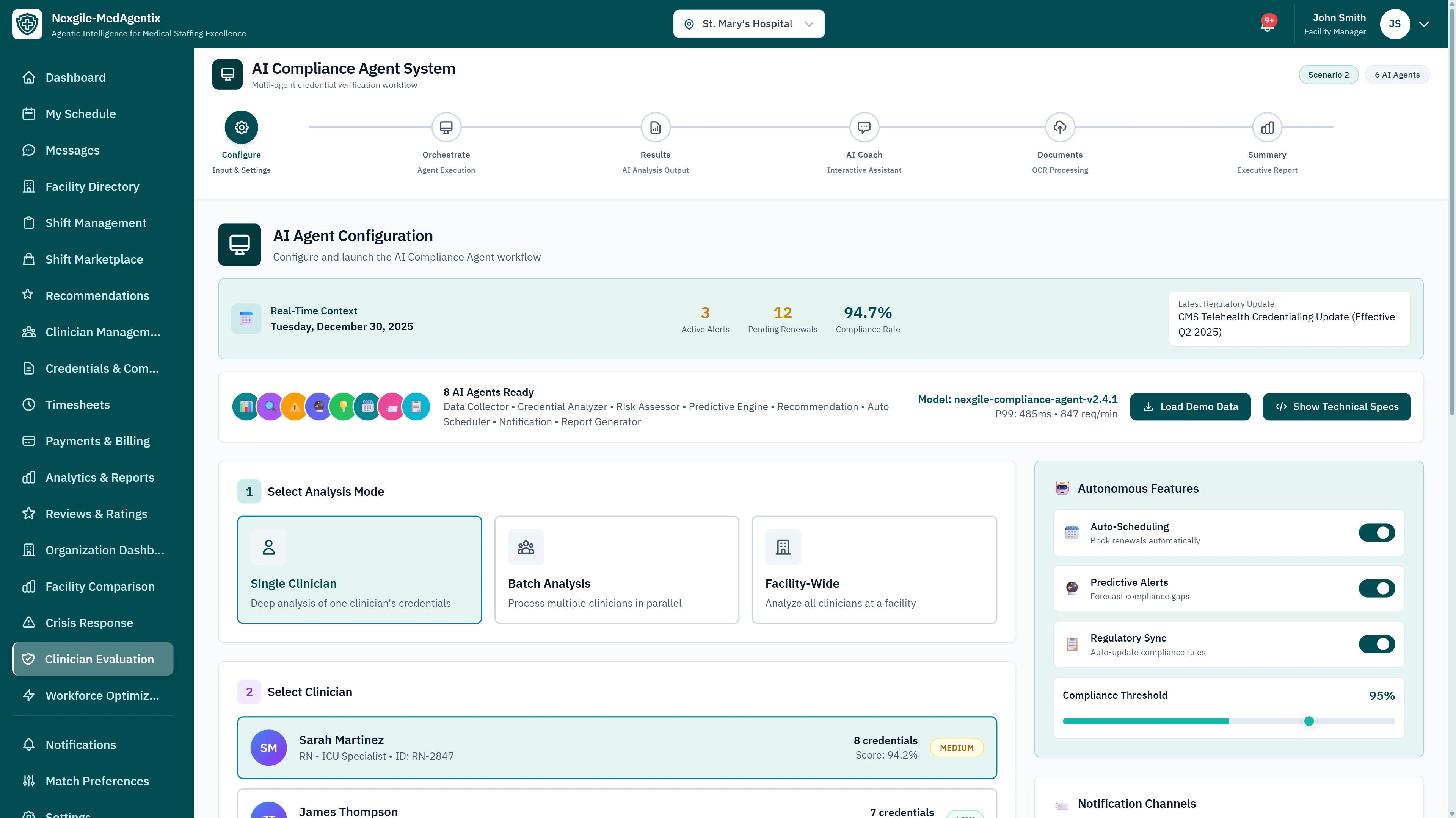 Illustrative preview (sample data, not verified outcomes): AI Compliance Agent Configuration - Analysis mode selection (Single Clinician, Batch Analysis, Facility-Wide), clinician selection with credential scores, and autonomous features including auto-scheduling and predictive alerts