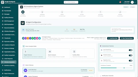Illustrative preview (sample data, not verified outcomes): AI Compliance Agent Configuration - Analysis mode selection (Single Clinician, Batch Analysis, Facility-Wide), clinician selection with credential scores, and autonomous features including auto-scheduling and predictive alerts