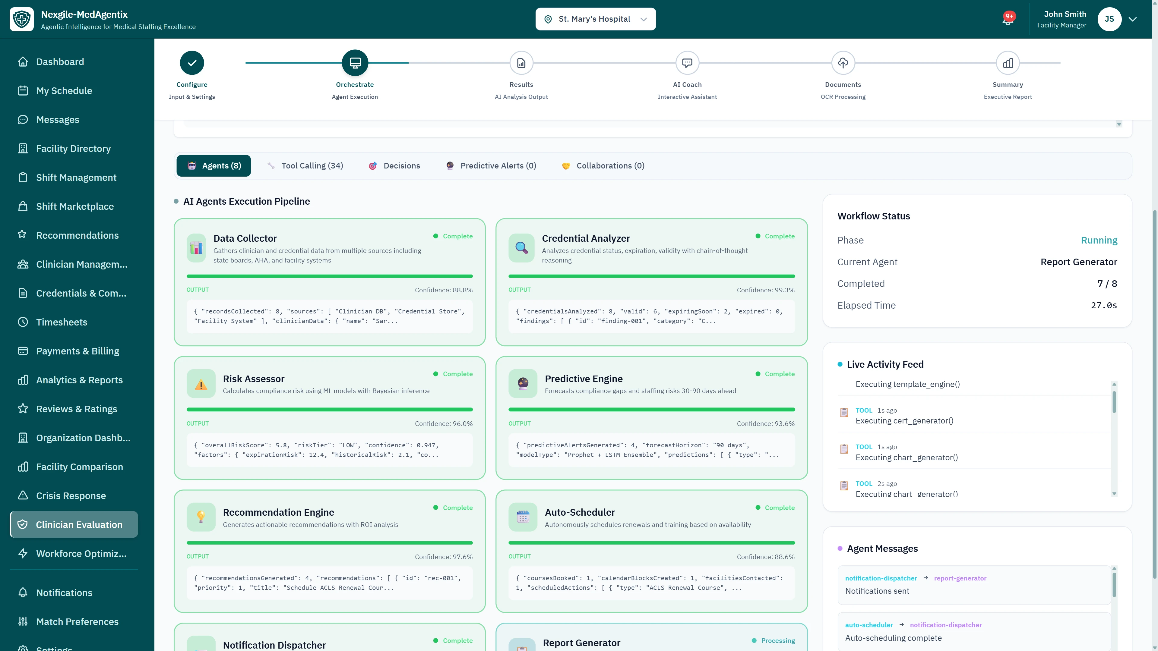 Illustrative preview (sample data, not verified outcomes): AI Agents Execution Pipeline - Eight specialized agents (Data Collector, Credential Analyzer, Risk Assessor, Predictive Engine, Recommendation Engine, Auto-Scheduler, Notification Dispatcher, Report Generator) with real-time workflow status and live activity feed