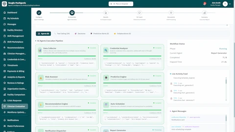 Illustrative preview (sample data, not verified outcomes): AI Agents Execution Pipeline - Eight specialized agents (Data Collector, Credential Analyzer, Risk Assessor, Predictive Engine, Recommendation Engine, Auto-Scheduler, Notification Dispatcher, Report Generator) with real-time workflow status and live activity feed