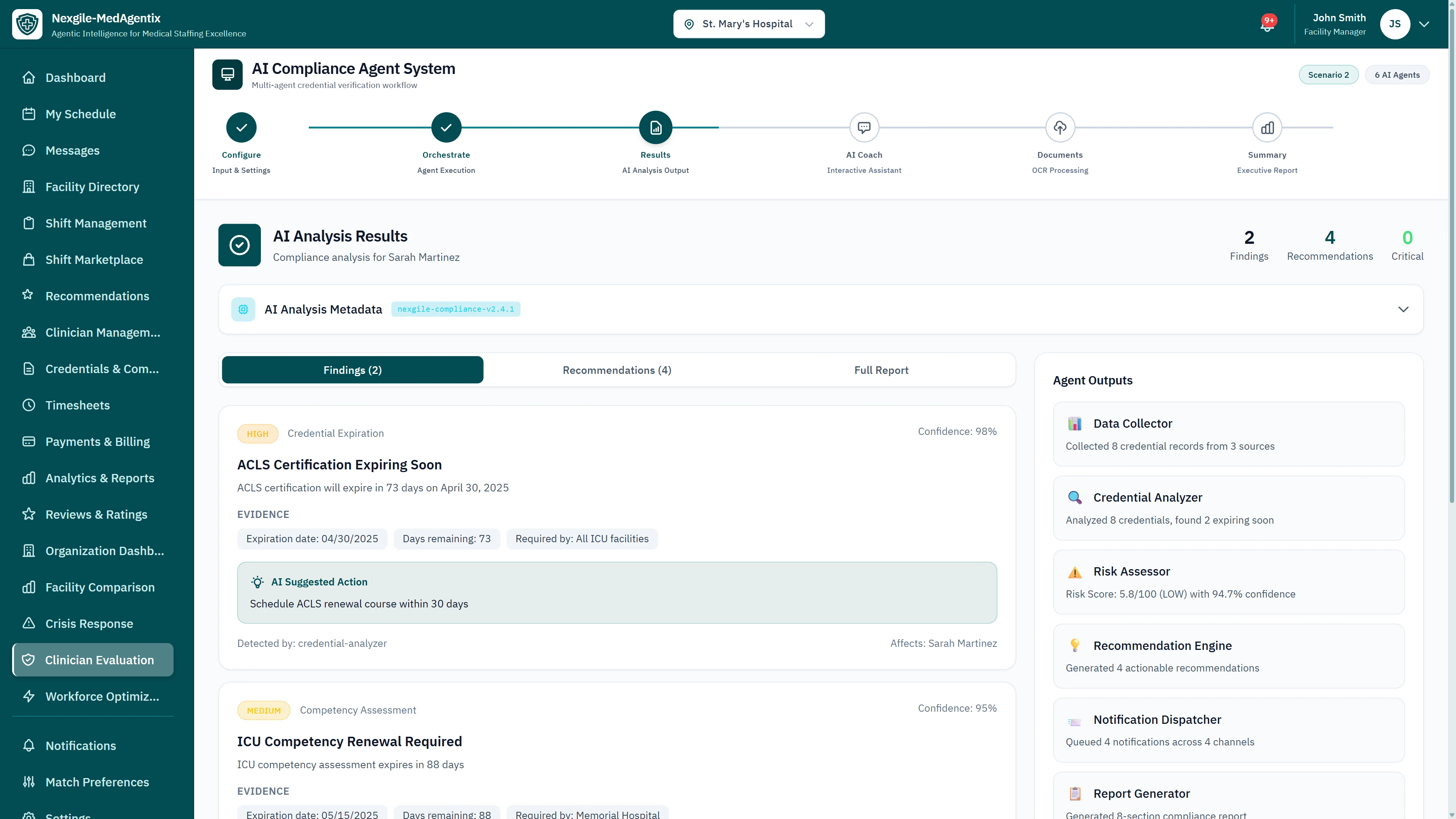 Illustrative preview (sample data, not verified outcomes): AI Analysis Results - Compliance findings showing ACLS Certification Expiring Soon and ICU Competency Renewal Required with AI suggested actions and agent outputs summary