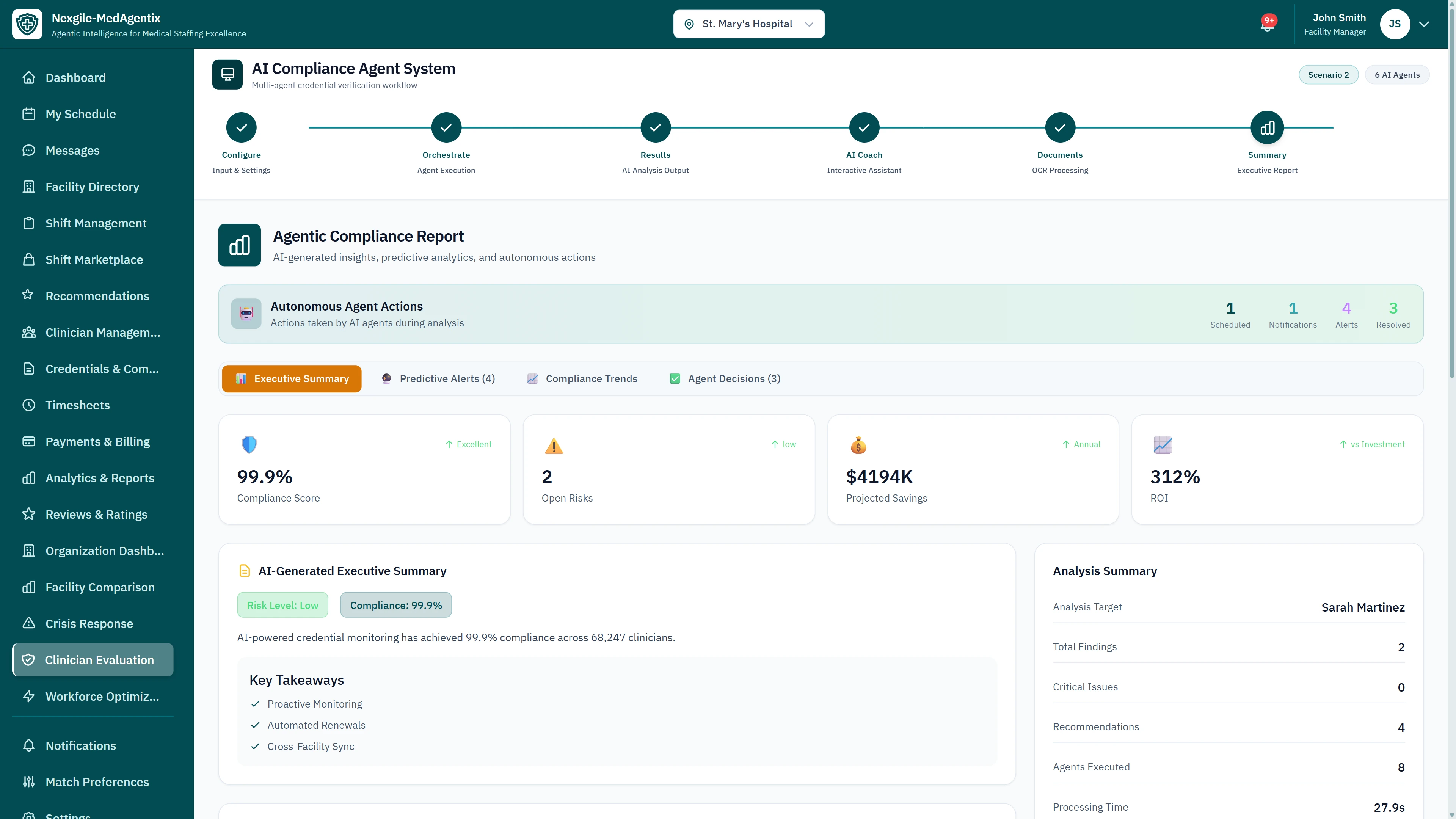 Illustrative preview (sample data, not verified outcomes): Agentic Compliance Report - Executive summary with 99.9% compliance score, 2 open risks, $4194K projected savings, 312% ROI, and AI-generated key takeaways including proactive monitoring and automated renewals